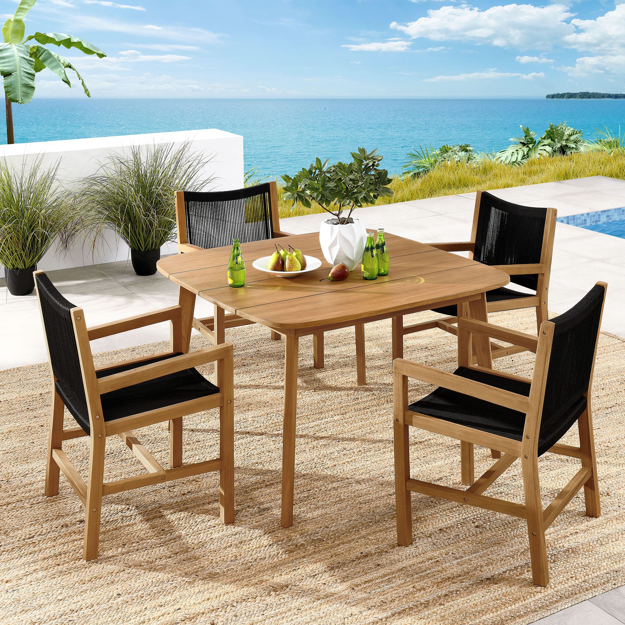 Vienna 5-Piece Outdoor Patio Teak and Rope Dining Set with Armchairs by Modway - Natural Black