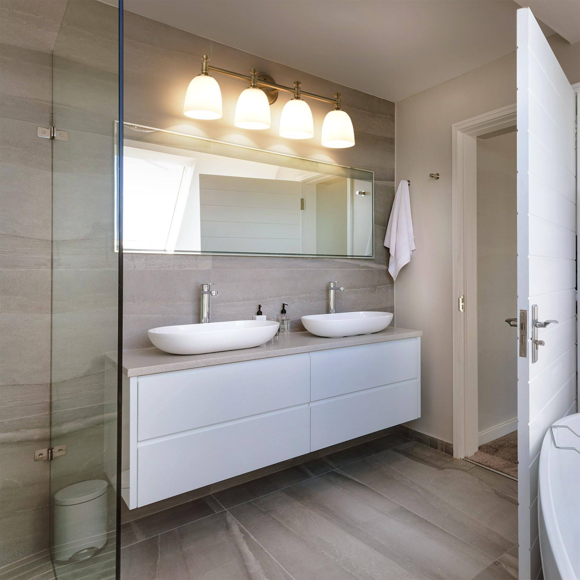 Alt View 3. Comfort Essence - Bathroom Vanity Light Fixtures Over Mirror Traditional Lights For Living Room Milk Bell Glass Shades Standa - Aged Brass 3-Light.