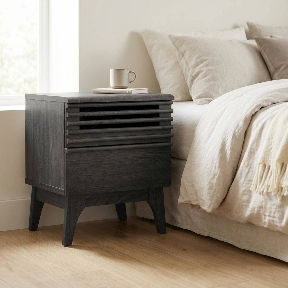 Angle. FurniFact - Nightstand in Gray Finish, Minimalist Design, Sturdy Base,, Versatile Storage - Gray.