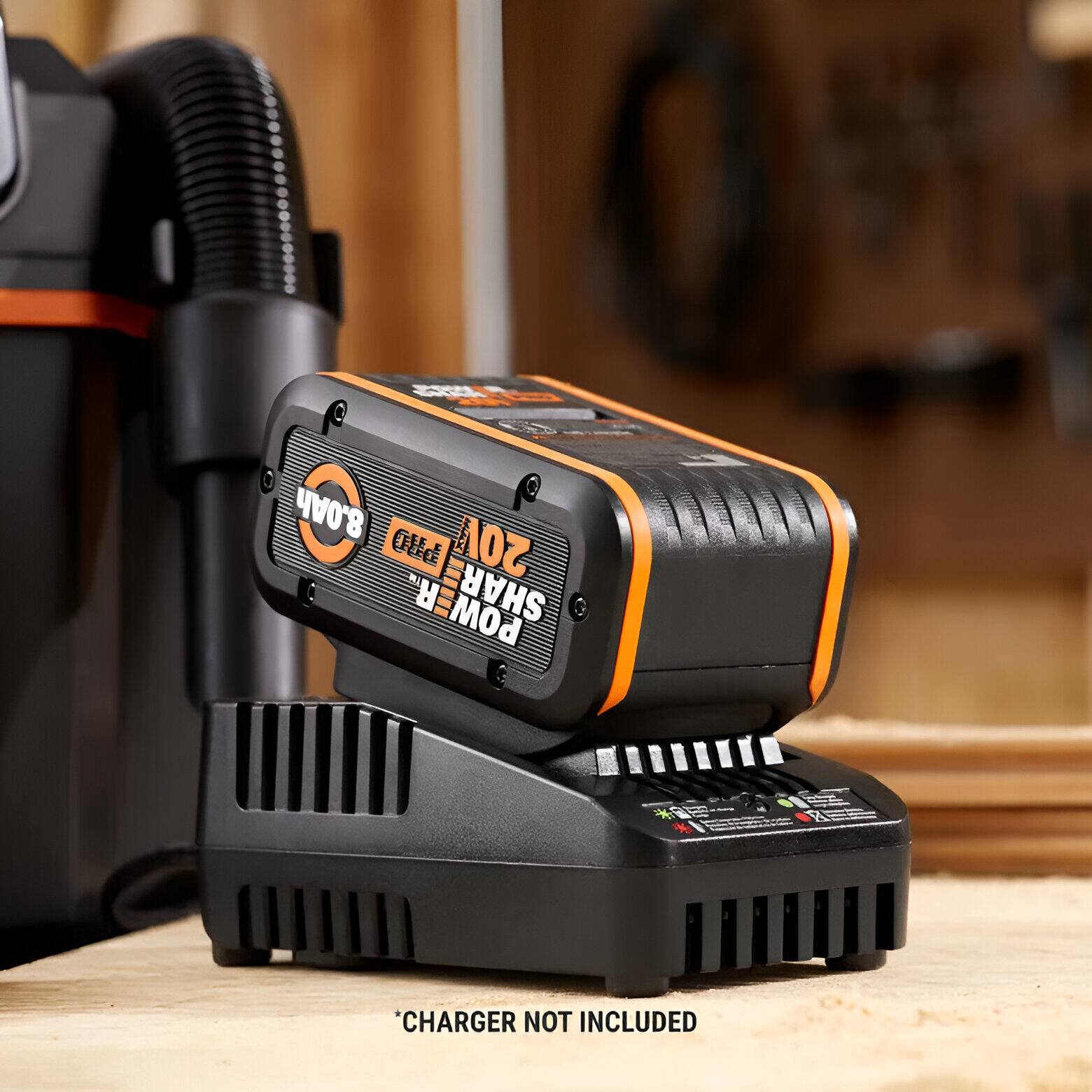 The text on the image reads: "8.0Ah M 0Ud 20V R. POWER SHARE KIT A 'CHARGER NOT INCLUDED'".