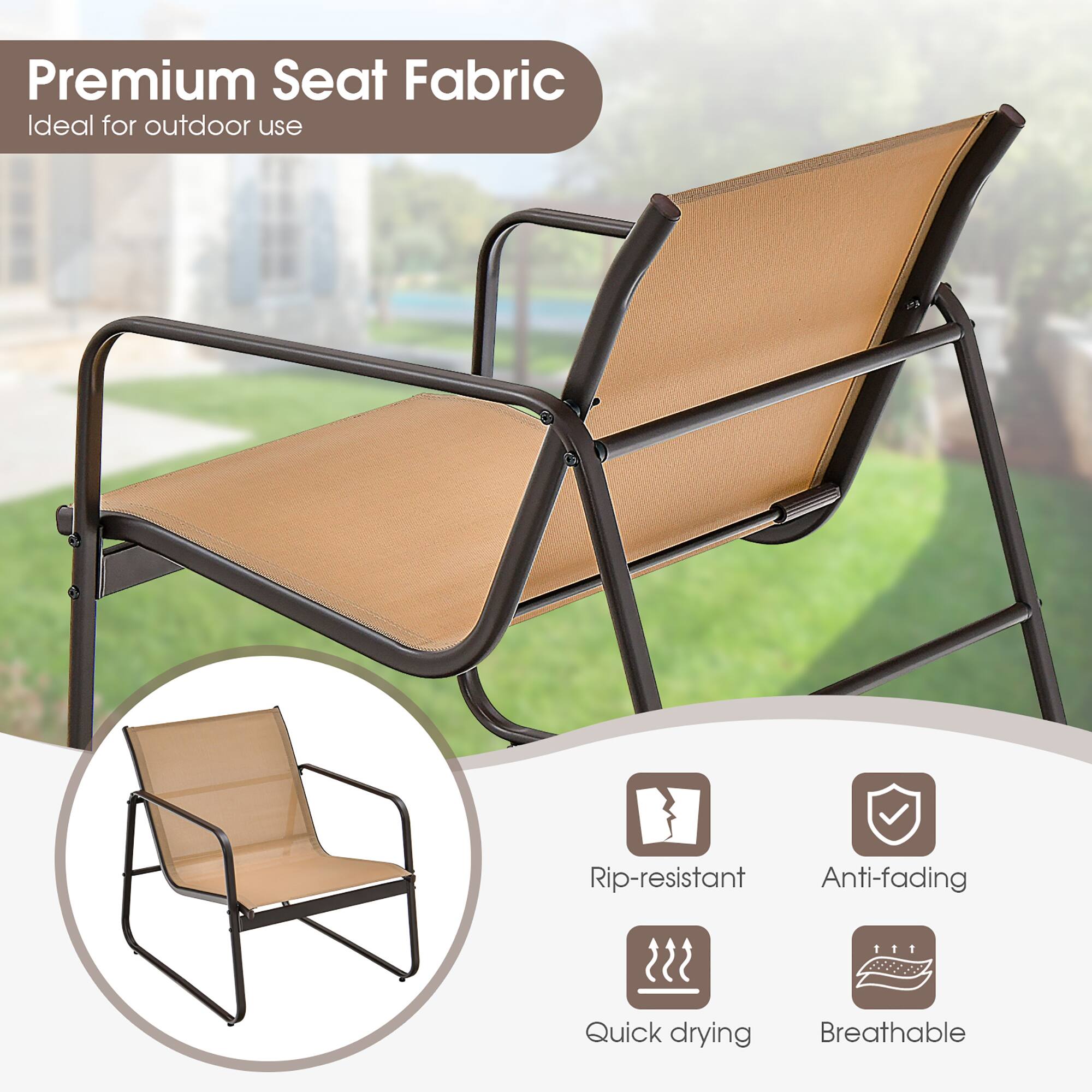 Premium Seat Fabric  
Ideal for outdoor use  

- Rip-resistant  
- Anti-fading  
- Quick drying  
- Breathable