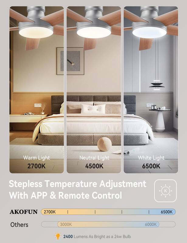 Warm Light 2700K  
Neutral Light 4500K  
White Light 6500K  
Stepless Temperature Adjustment With APP & Remote Control  

AKOFUN 2700K | 6500K  
Others 3000K 6000K  

2400 Lumens As Bright as a 24w Bulb