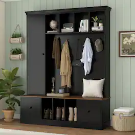 Loheer - farmhouse hall tree with shoe storage bench, 62.2 inch wide entryway coat rack - Black