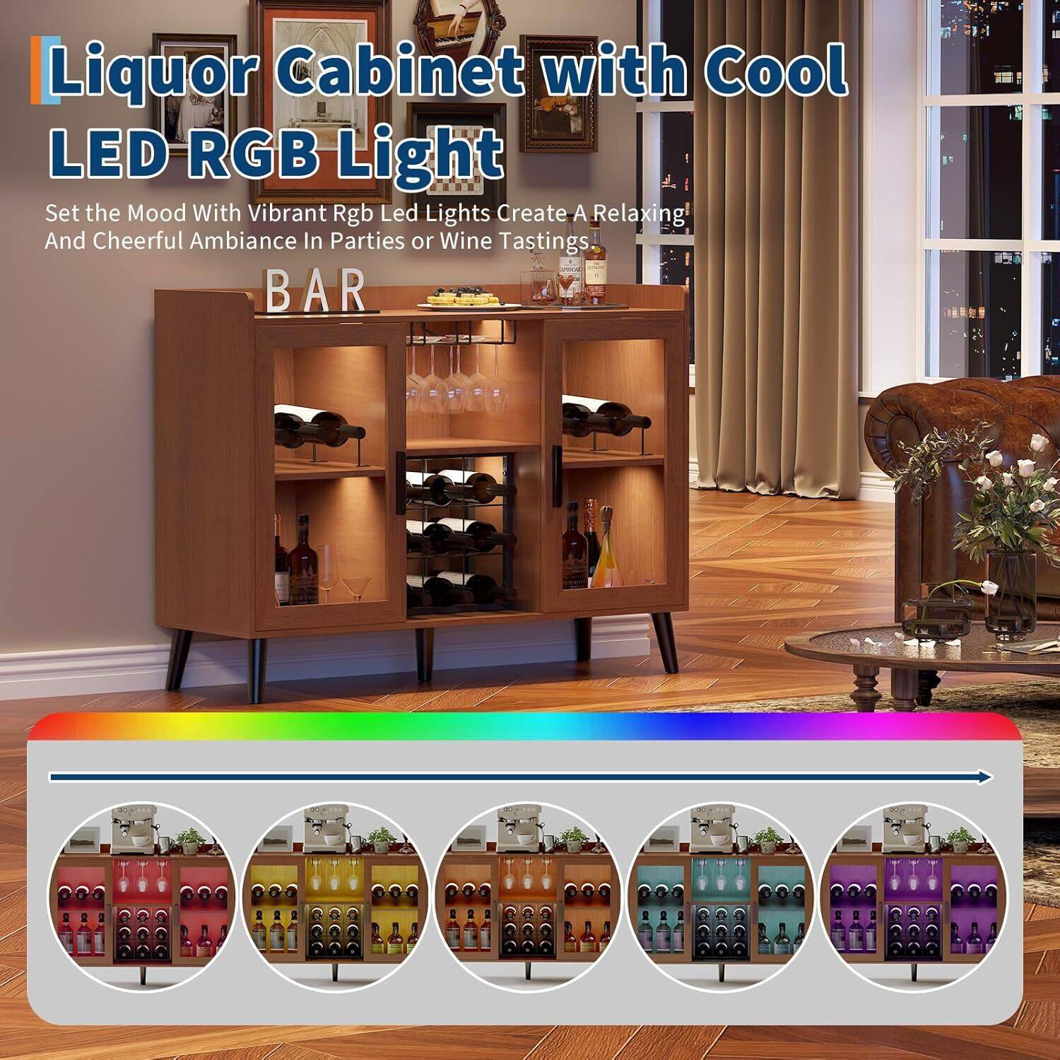 Liquor Cabinet with Cool LED RGB Light

Set the Mood With Vibrant RGB LED Lights Create a Relaxing and Cheerful Ambiance in Parties or Wine Tastings

BAR