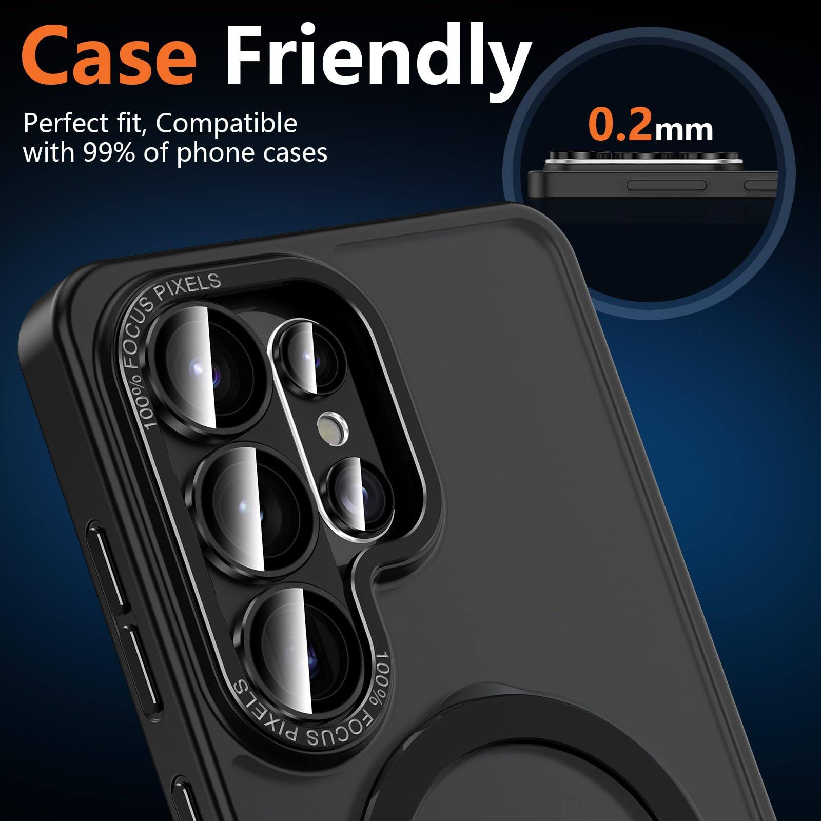 Case Friendly  
Perfect fit, Compatible with 99% of phone cases  
100% PIXELS FOCUS  
0.2mm