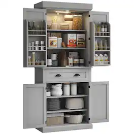 Homcom - Kitchen Pantry Cabinet with LED Lights, 6 Door Shelves - Gray