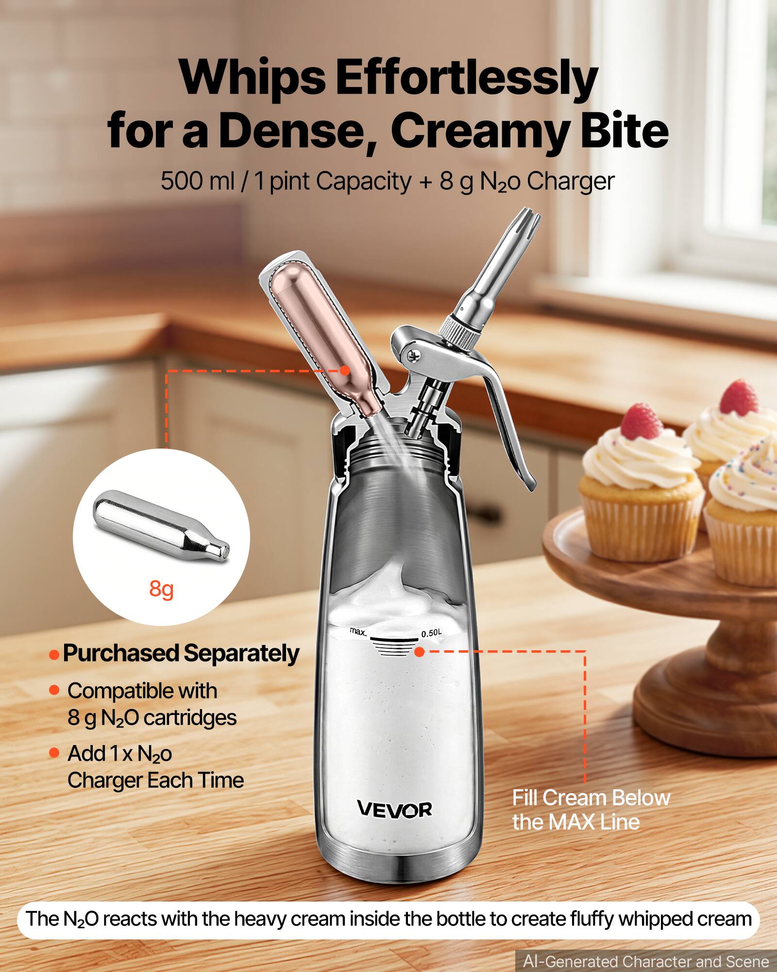 Whips Effortlessly for a Dense, Creamy Bite  
500 ml/1 pint Capacity + 8 g N2O Charger  

8g  
max. 0.50L  

Purchased Separately  
Compatible with 8 g N2O cartridges  
Add 1 x N2O Charger Each Time  

Fill Cream Below the MAX Line  

The N2O reacts with the heavy cream inside the bottle to create fluffy whipped cream  

VEVOR  

AI-Generated Character and Scene