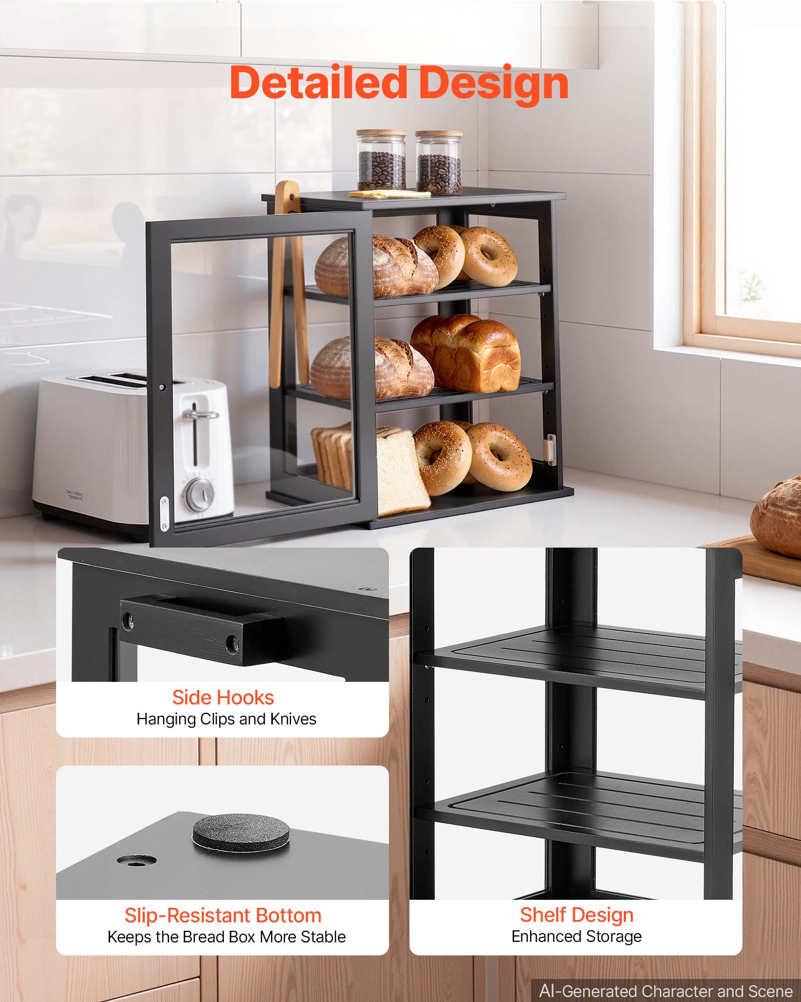 Detailed Design

Side Hooks
Hanging Clips and Knives

Slip-Resistant Bottom
Keeps the Bread Box More Stable

Shelf Design
Enhanced Storage

AI-Generated Character and Scene
