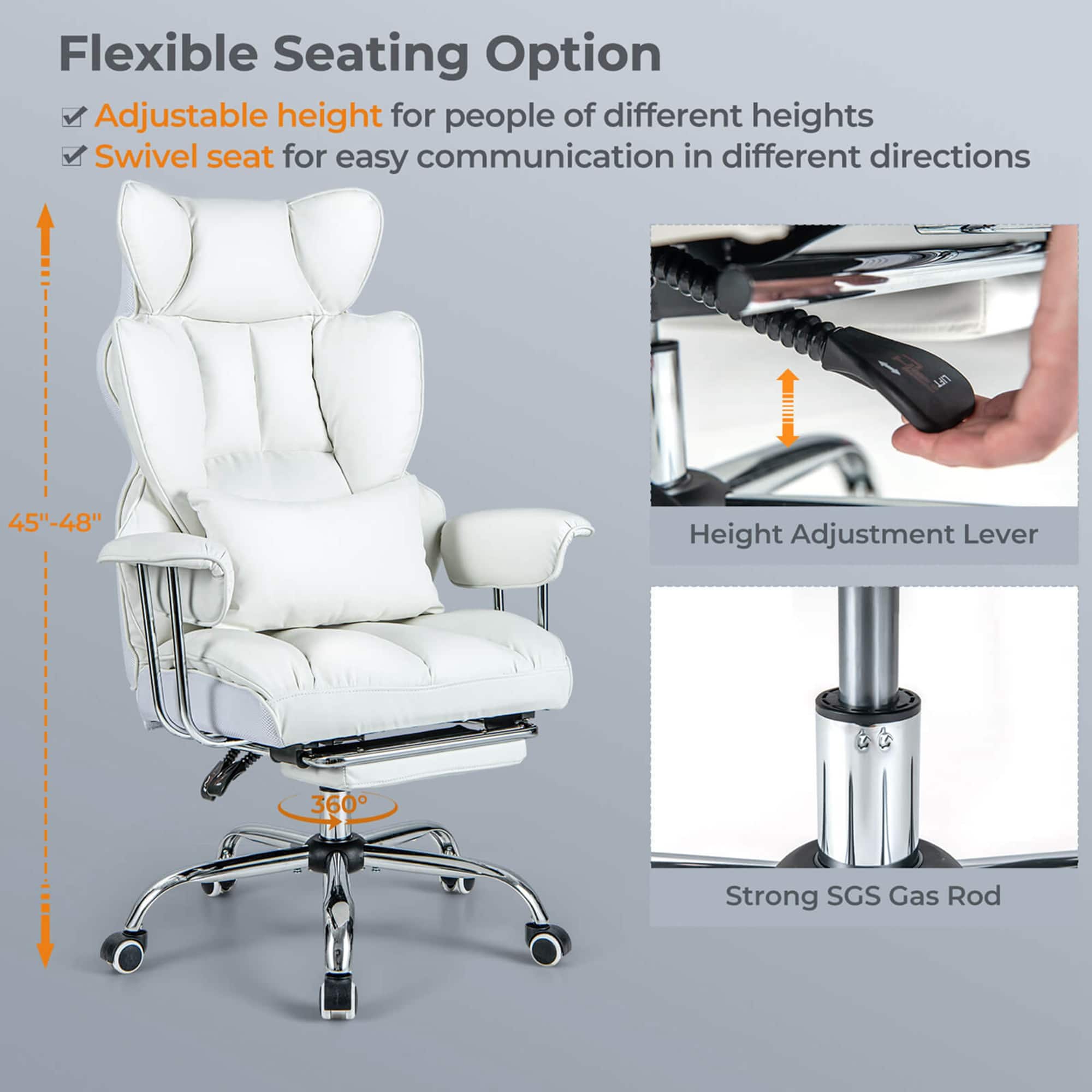 Flexible Seating Option: Adjustable height for people of different heights, Swivel seat for easy communication in different directions, 45"-48" Height Adjustment Lever, 360 Strong SGS Gas Rod.
