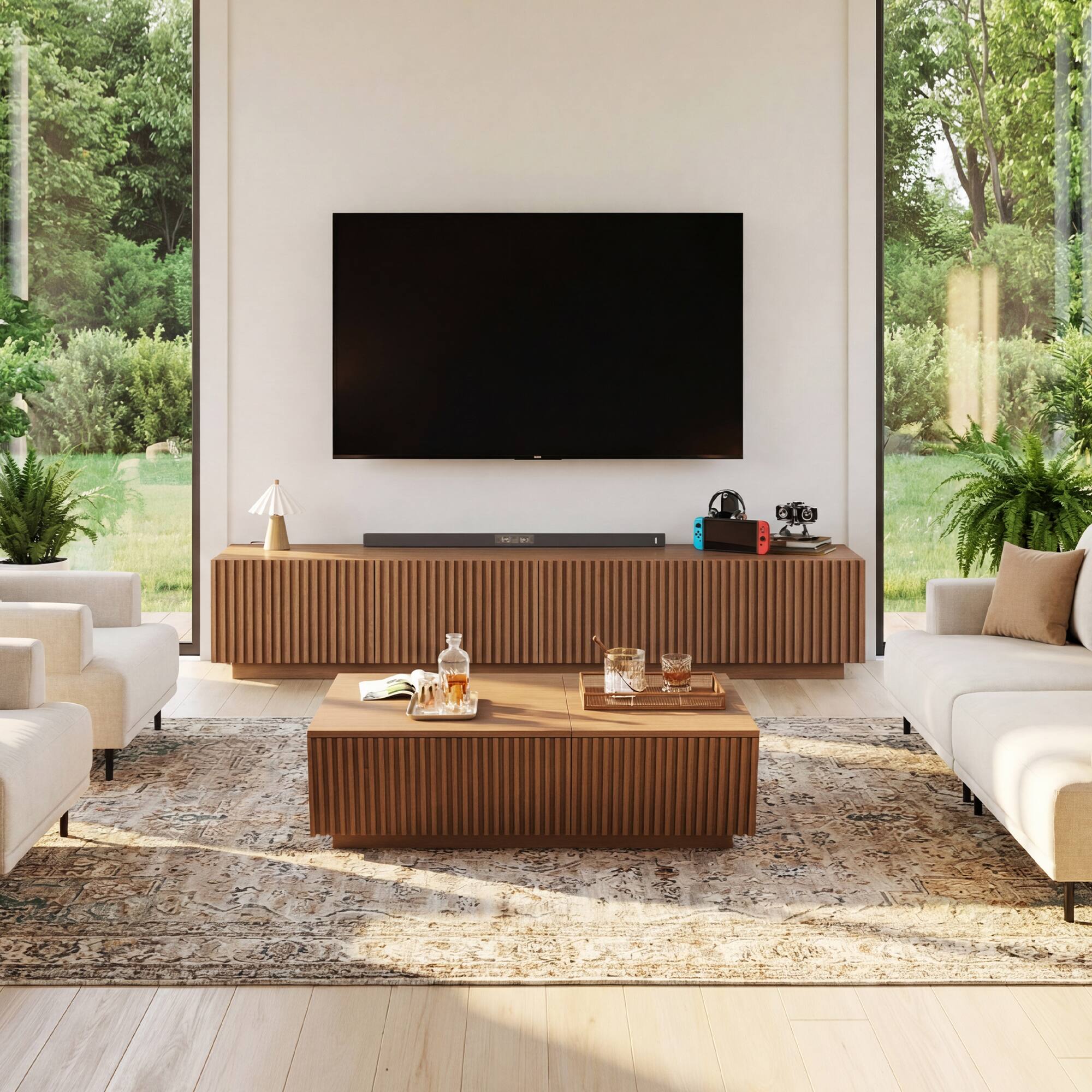 Angle. luck idea - 86.61" TV Stand & Media Console, Modern Entertainment Center with Large Storage for Living Room - Walnut Color.
