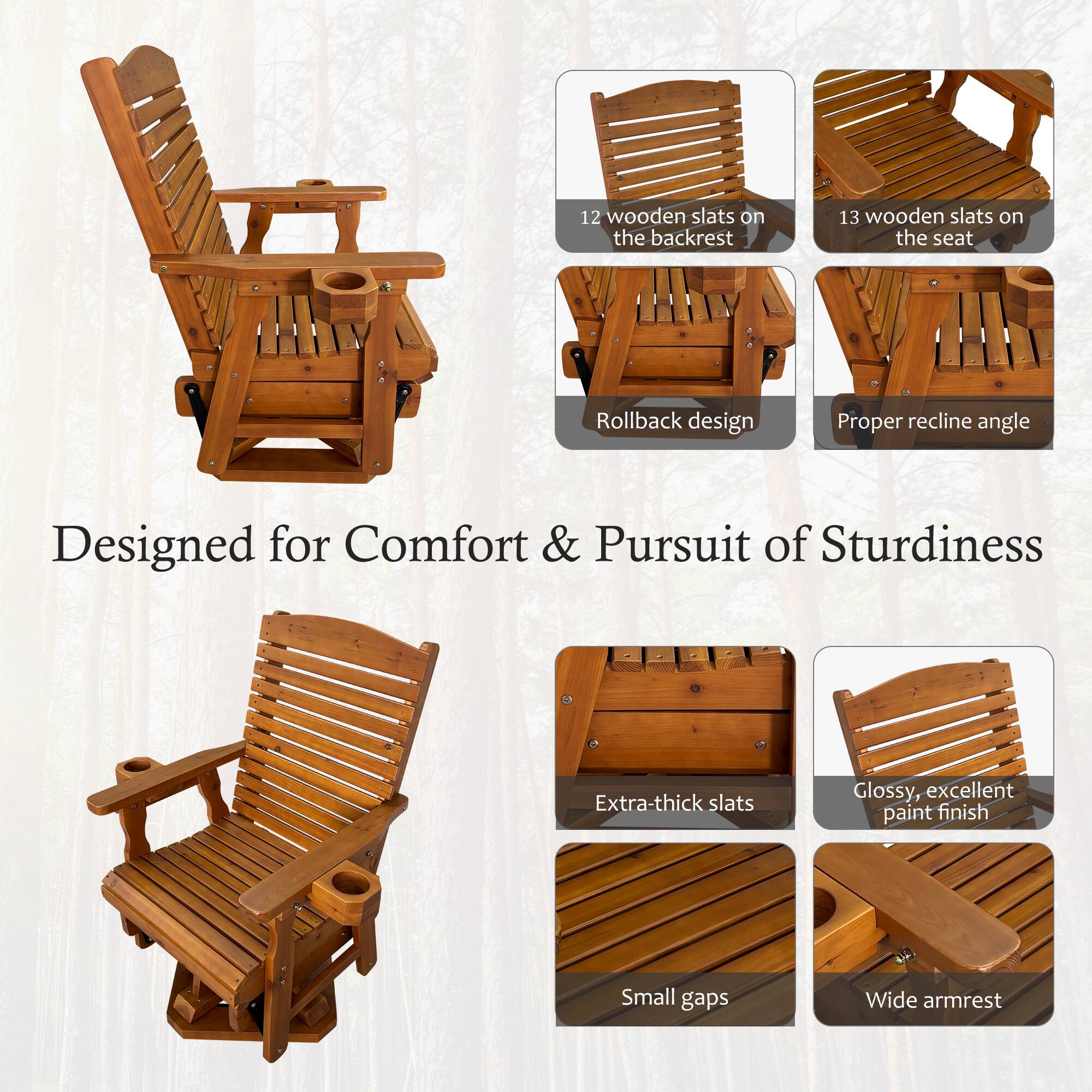 12 wooden slats on the backrest  
13 wooden slats on the seat  
Rollback design  
Proper recline angle  
Designed for Comfort & Pursuit of Sturdiness  
Extra-thick slats  
Glossy, excellent paint finish  
Small gaps  
Wide armrest
