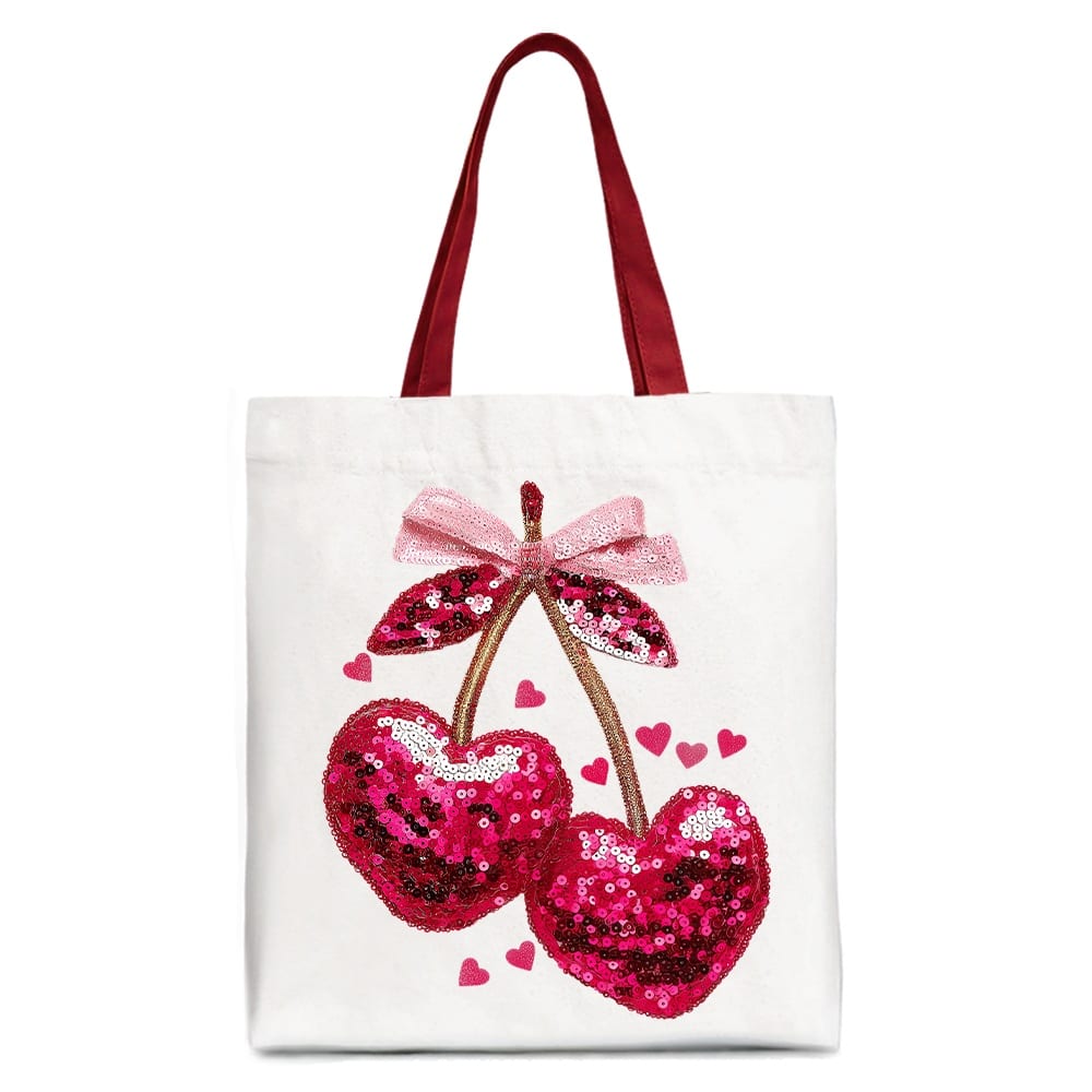 OrnamentallyYou - Sequin Pink Cherry Heart Canvas Tote Bag, Valentine Coquette Trendy Women Gift - White Red