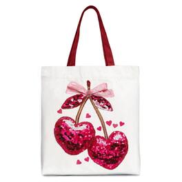 OrnamentallyYou - Sequin Pink Cherry Heart Canvas Tote Bag, Valentine Coquette Trendy Women Gift - White Red