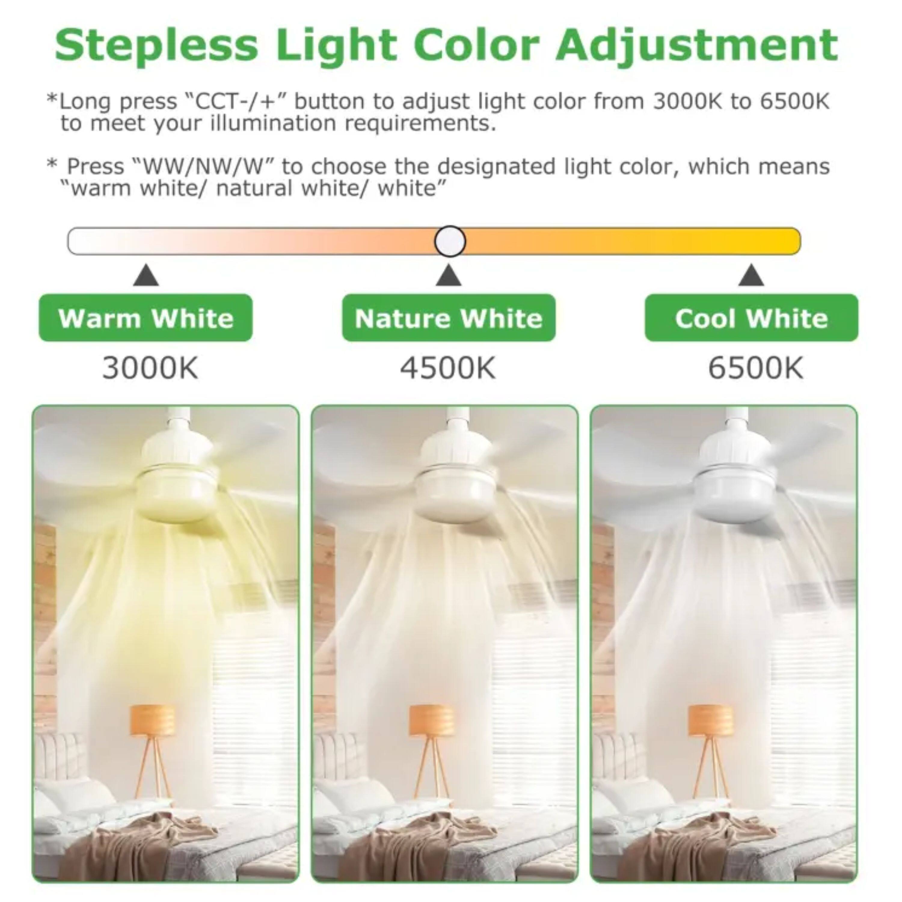 Stepless Light Color Adjustment

*Long press "CCT-/+" button to adjust light color from 3000K to 6500K to meet your illumination requirements.

*Press "WW/NW/W" to choose the designated light color, which means "warm white/ natural white/ white"

Warm White 3000K  
Nature White 4500K  
Cool White 6500K