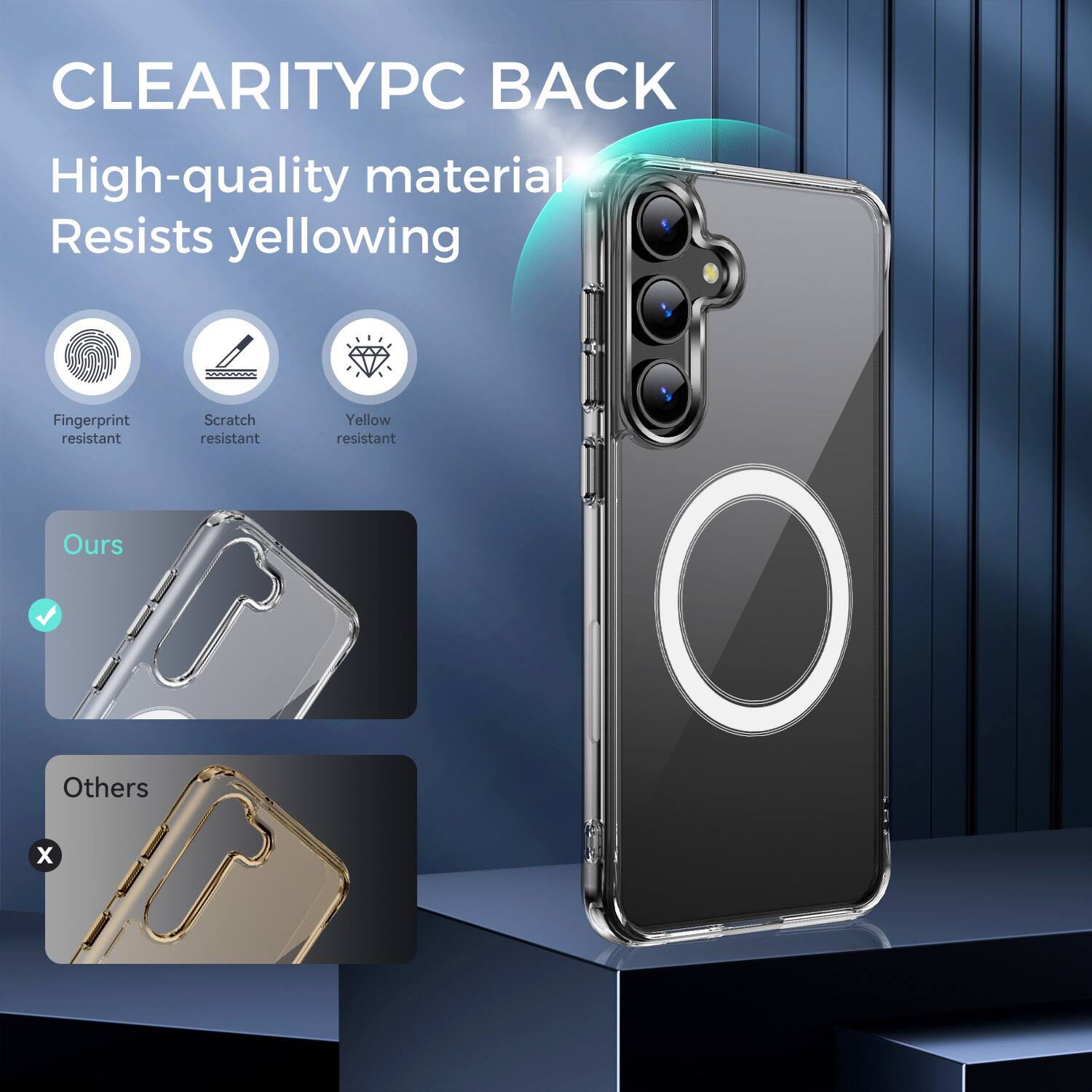 CLEARITYPC BACK  
High-quality material  
Resists yellowing  
Fingerprint resistant  
Scratch resistant  
Yellow resistant  

Ours  
Others