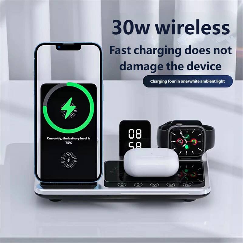 30w wireless  
Fast charging does not damage the device  
Charging four in one/white ambient light  

Currently, the battery level is 75%  

08:58