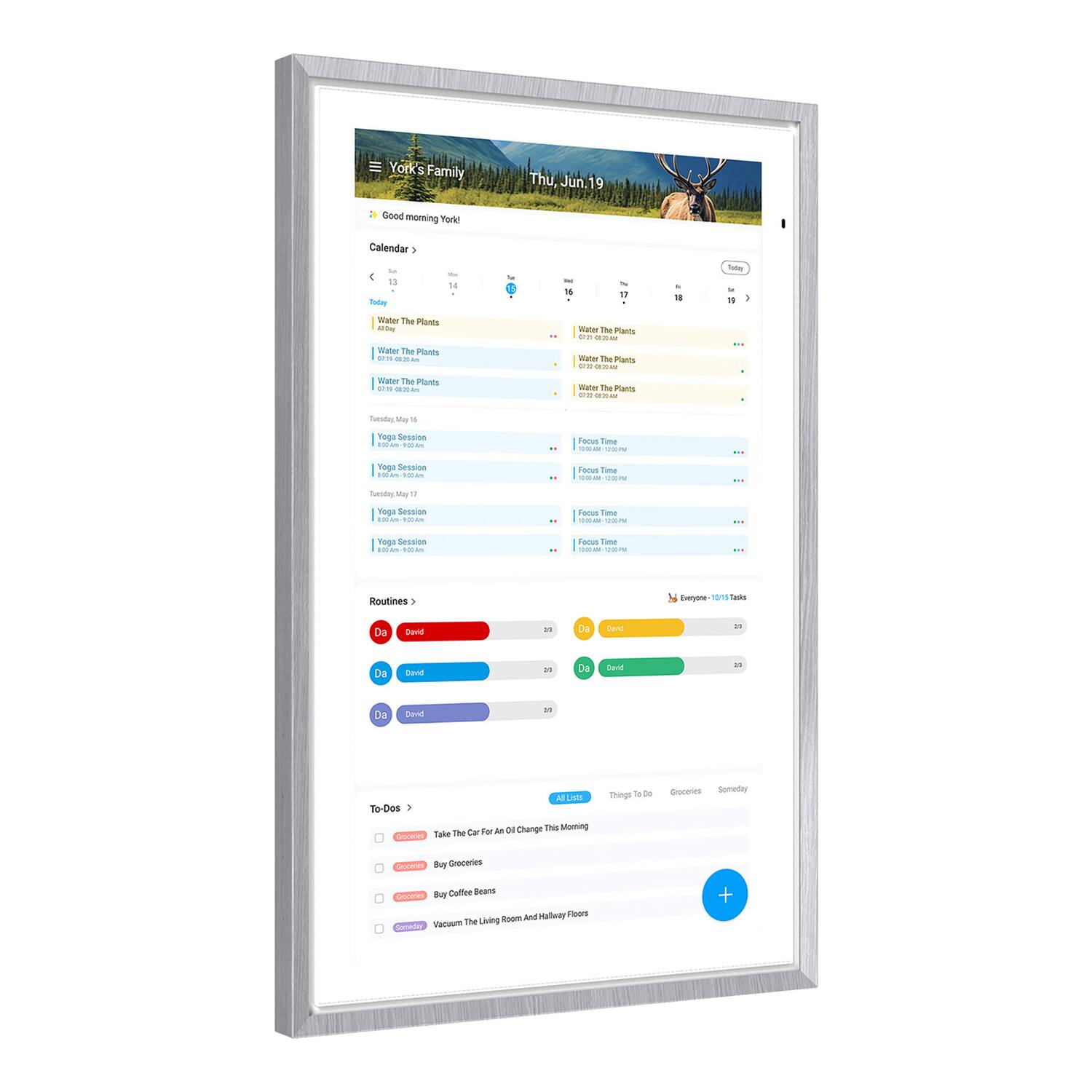 Yorks Family  
Thu Jun 19  
Good morning York!  

Calendar  
- 13  
- 14  
- 15  
- 16  
- 17  
- 18  
- 19  

Today:  
- Water The Plants  
- Water The Plants  
- Water The Plants  
- Focus Time  
- Focus Time  
- Focus Time  
- Focus Time  

Tomorrow:  
- Yoga Session  
- Yoga Session  
- Yoga Session  

Routines  
- David  
- David  
- David  

To-Dos  
- [x] Take The Car For An Oil Change  
- [x] Buy Groceries  
- [x] Buy Coffee Beans  
- [x] Vacuum The Living Room And Hallway Floors  

Everyone - 151 Tasks  
- David - 30  
- David - 20  
- David - 20