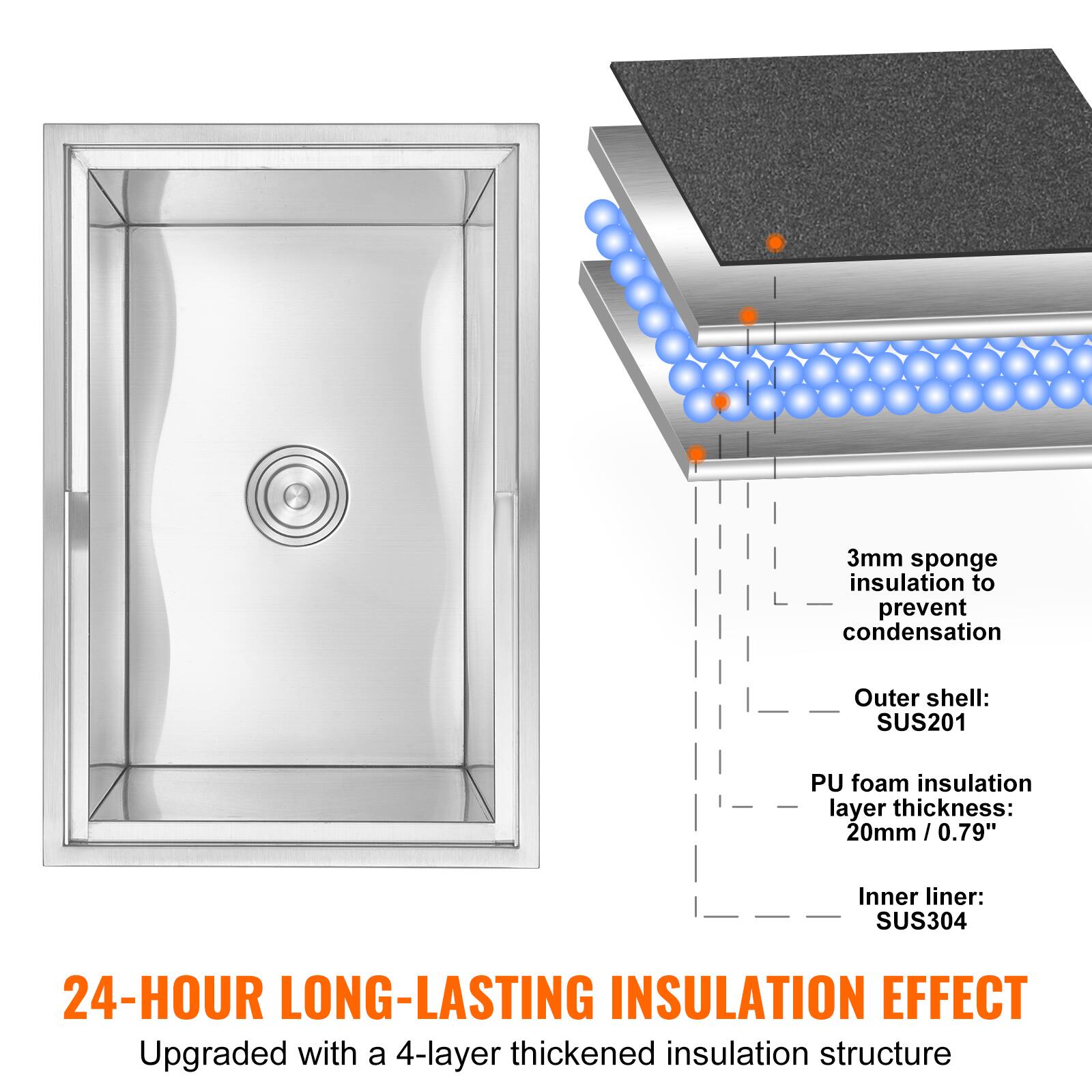 3mm sponge insulation to prevent condensation  
Outer shell: SUS201  
PU foam insulation layer thickness: 20mm / 0.79"  
Inner liner: SUS304  

24-HOUR LONG-LASTING INSULATION EFFECT  
Upgraded with a 4-layer thickened insulation structure