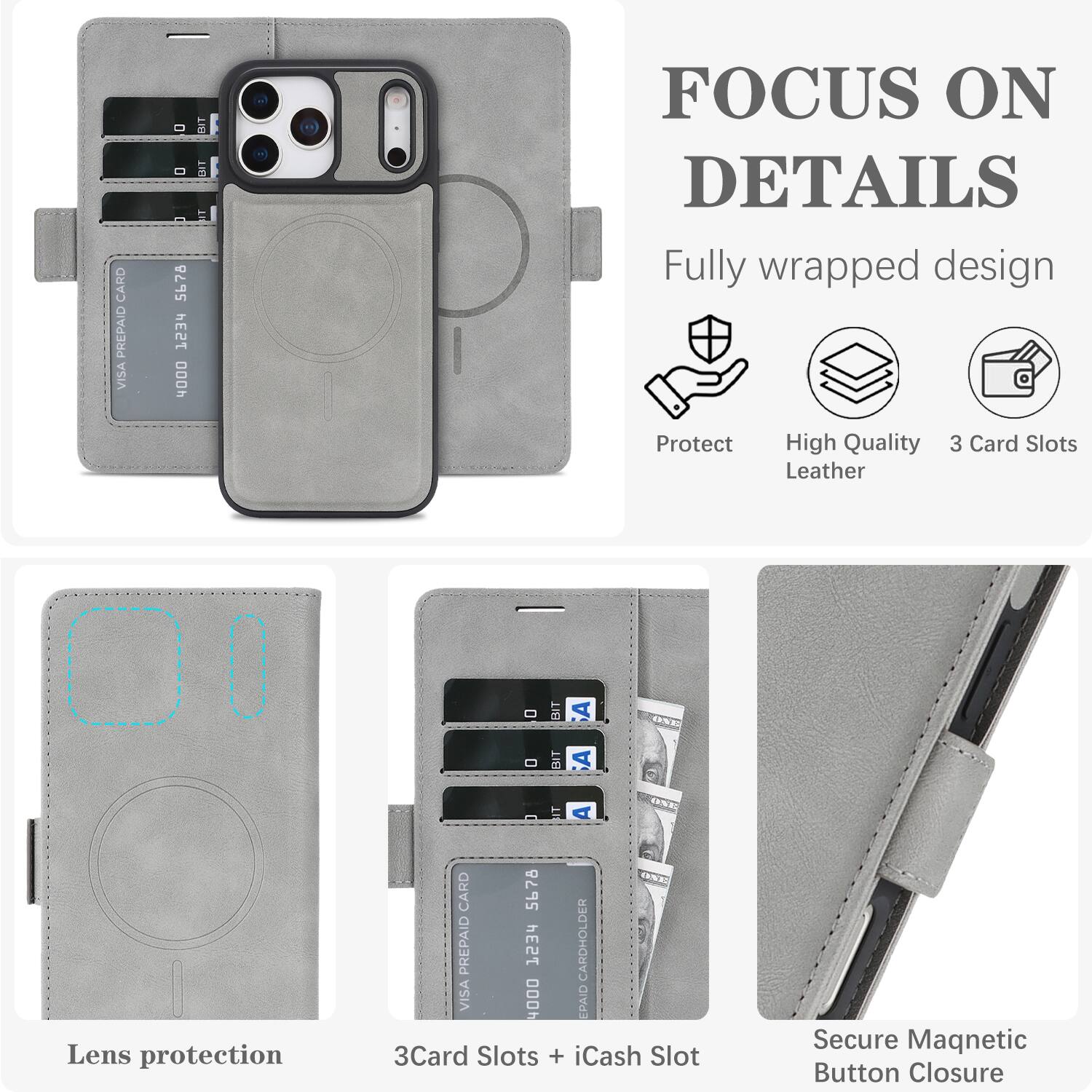 CARD PREPAID VISA  
5678 1234 4000  

BIT MIT  

FOCUS ON DETAILS  
Fully wrapped design  
Protect  
High Quality Leather  
3 Card Slots  

DI Lens protection  

BIT A ONE BIT A IT CARD  
5678 PREPAID VISA 1234 4000  
CARDHOLDER EPAID  
3Card Slots + iCash Slot  

Secure Magnetic Button Closure