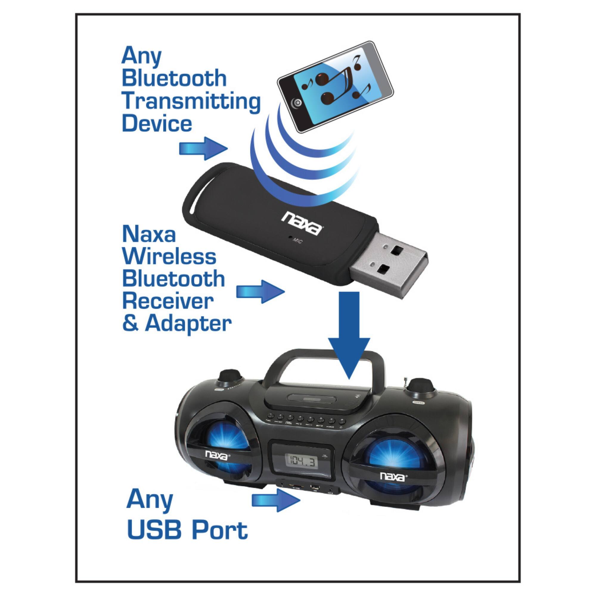 Any Bluetooth Transmitting Device  
Naxa Wireless Bluetooth Receiver & Adapter  
Any USB Port