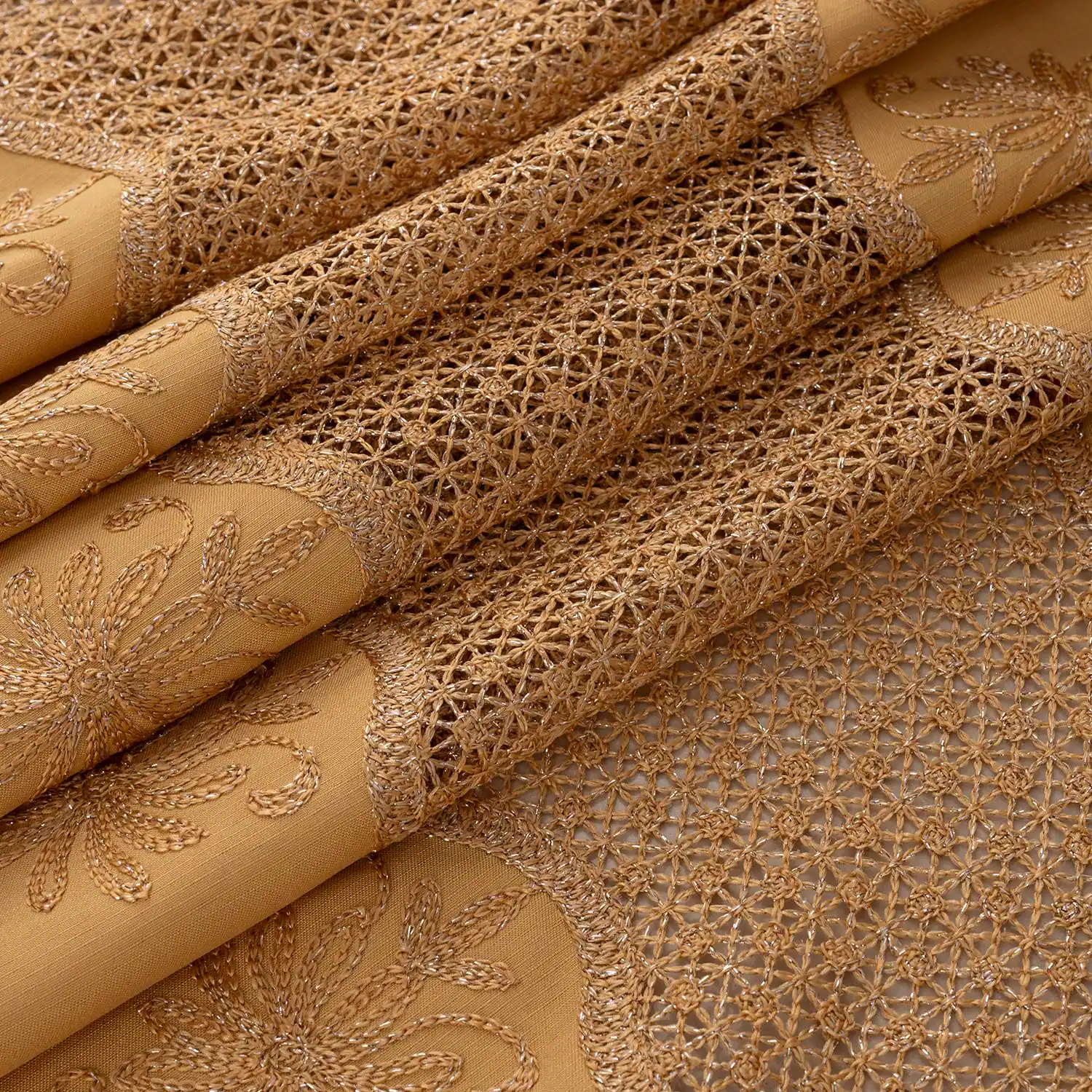 Left. RT Designers Collection - RT Designers Collection Donna Macrame Construction 3" Rod Pocket Curtain Panel 54" x 90" Gold - Gold/gold.