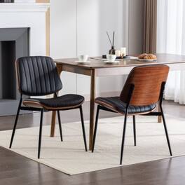 LUCKY ONE - Assembled Mid Century Dining Chair Set of 2 Faux Leather with Walnut Bentwood Back Metal Legs - Black PU