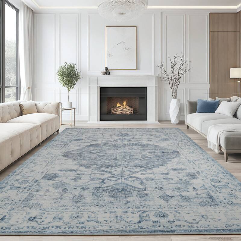 Angle. RYHNUYNE - 9x12 Area Rugs Living Room Rug Washable Vintage Boho Rug No Slip Stain Resistant Soft Carpet Indoor Floor Floral Carpets - Painting.