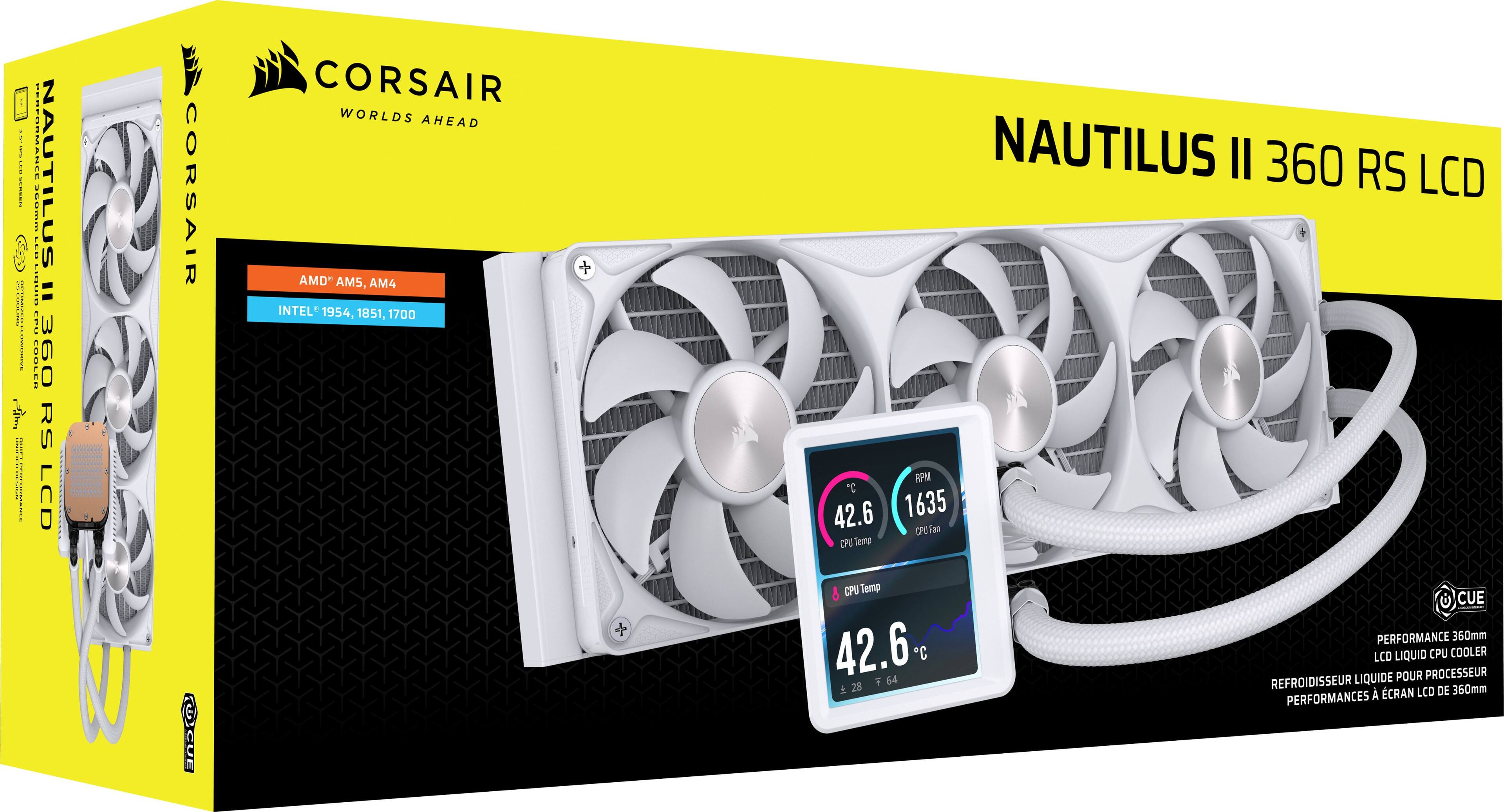 CORSAIR  
WORLDS AHEAD  

NAUTILUS II 360 RS LCD  

AMD AM5, AM4  
INTEL 1954, 1851, 1700  

CUE  
CPU Temp 42.6°C  
64 28  

CUE PERFORMANCE  
360mm LCD LIQUID CPU COOLER  
LIQUIDE POUR PROCESSEUR REFROIDISSEUR 360mm A CRAN LCD DE PERFORMANCES