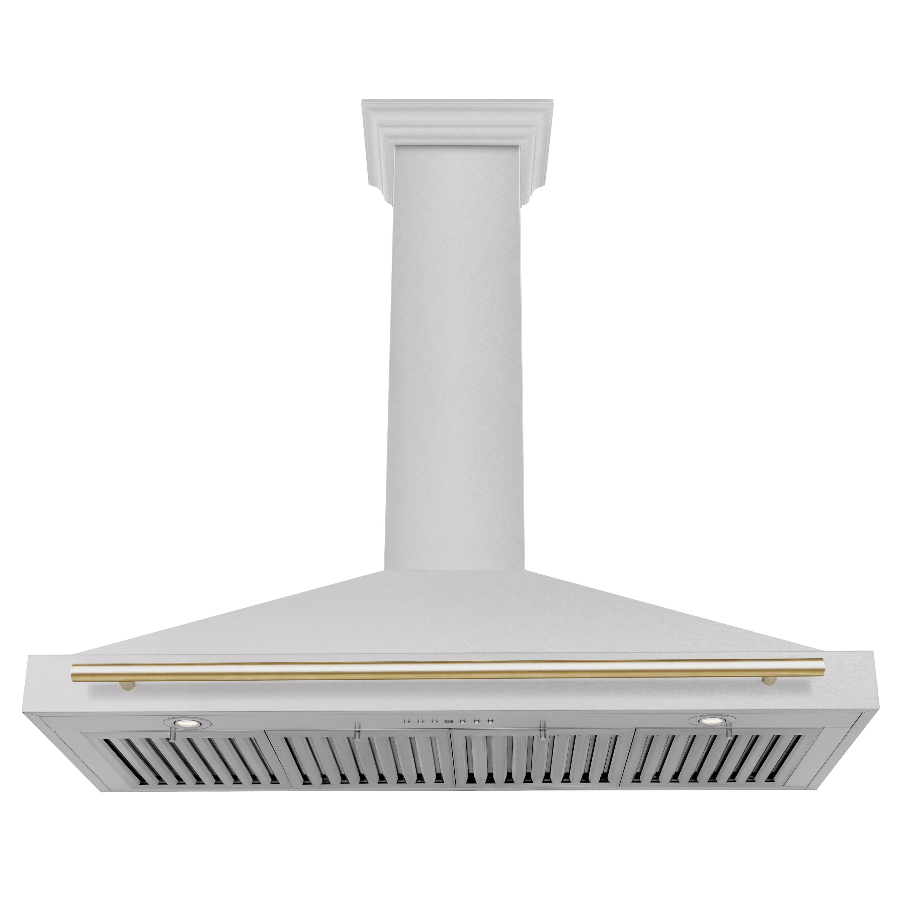 Angle. ZLINE - ZLINE Autograph Edition 48 in. Convertible Satin Stainless Steel Wall Mount Range Hood with Polished Gold Handle - Stainless steel.