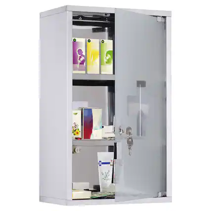 Front. Homcom - Wall Mounted Medicine Cabinet, Locking Wall Cabinet with 3 Tier Shelves, Stainless Steel Frame and Glass Door - Silver.