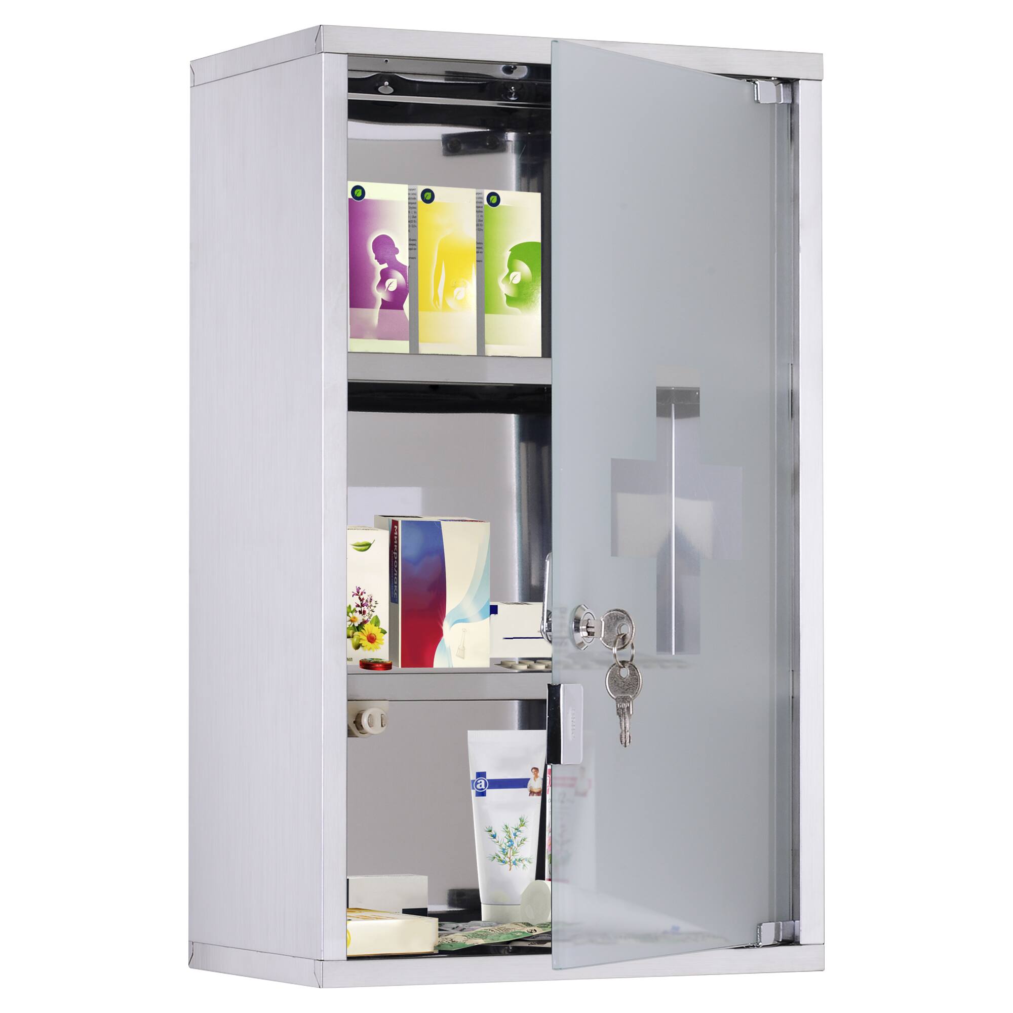 Front. Homcom - Wall Mounted Medicine Cabinet, Locking Wall Cabinet with 3 Tier Shelves, Stainless Steel Frame and Glass Door - Silver.