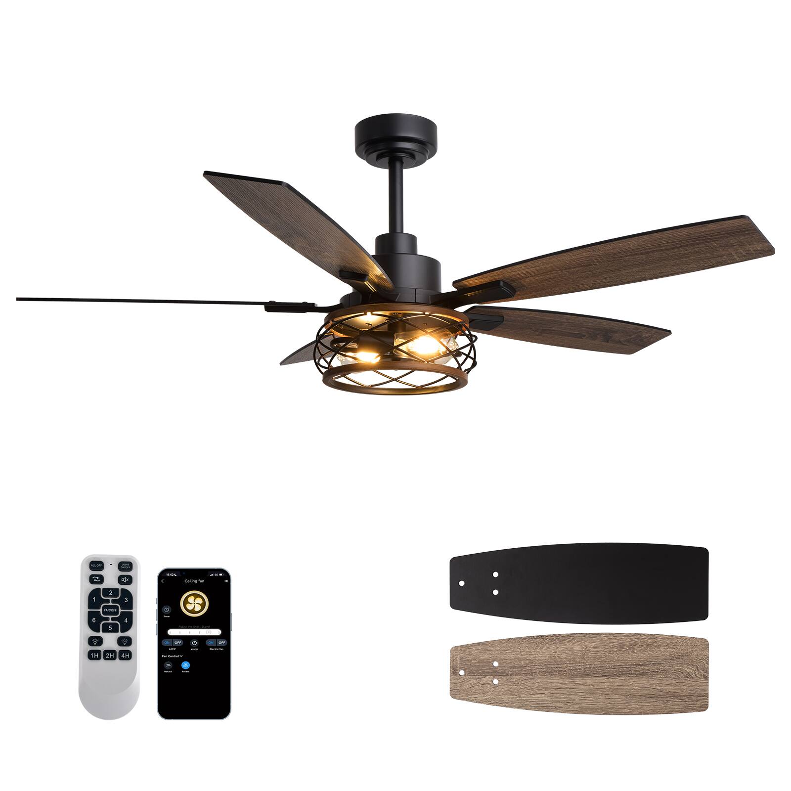 Alt View 9. Siljoy - 52 Inch Farmhouse Cage Ceiling Fan with Light Remote Control Wood Grain Design Perfect for Bedroom Living Room - Black and Wood Grain.