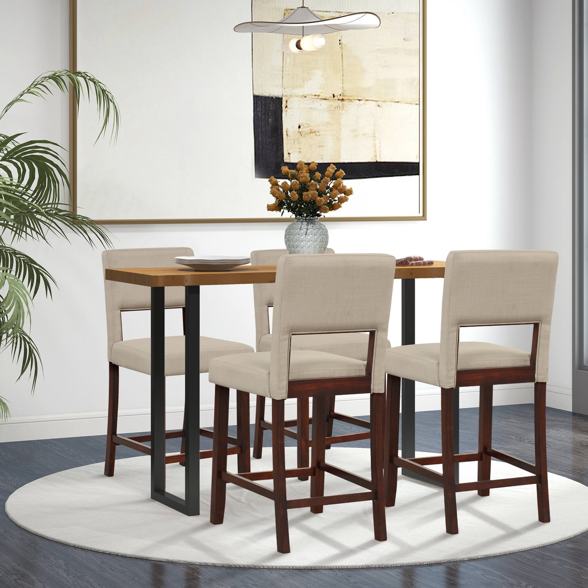 Alt View 4. Costway - Set of 2 Upholstered Linen Bar Stools 24.5" Wooden Dining Chairs with Back - Beige/Brown.