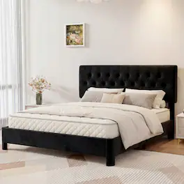 Dyonery - Platform Bed Frame with Upholstered Button Tufted Headboard, Mattress Foundation with Wooden Slat Support - Black