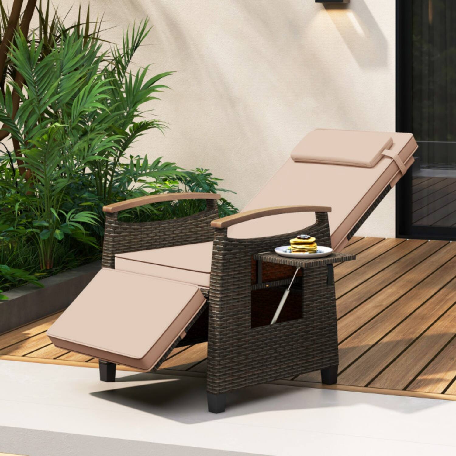 Alt View 2. Mondawe - Patio Wicker Recliner Chair w Adjustable Backrest & Footrest Flip Side Table PE Rattan 150° - Brown.