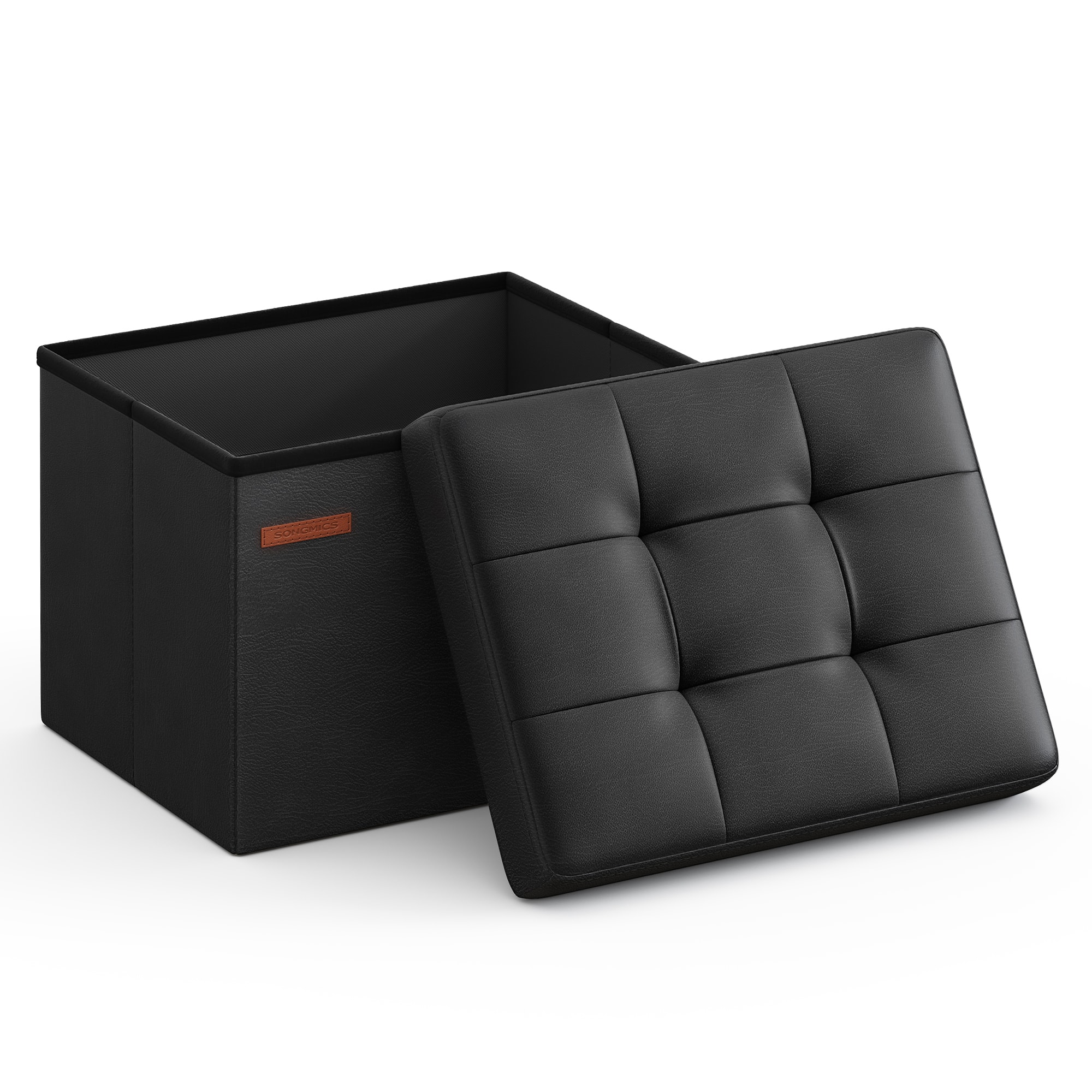 Songmics Home - Small Folding Storage Ottoman, Foot Rest Stool, Cube Footrest, Synthetic Leather, 12.2 x 16.1 x 12.2 Inches - Ink Black