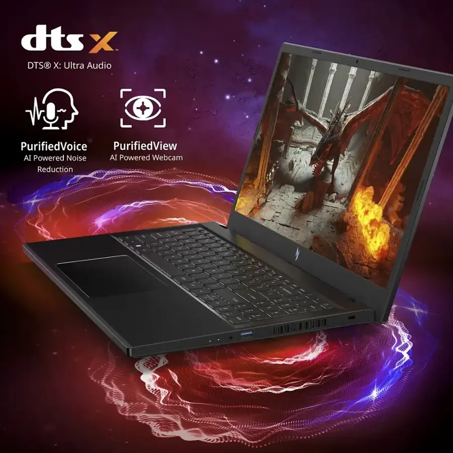 DTS X: Ultra Audio, Purified Voice, Purified View, AI Powered Noise Reduction, AI Powered Webcam Reduction.