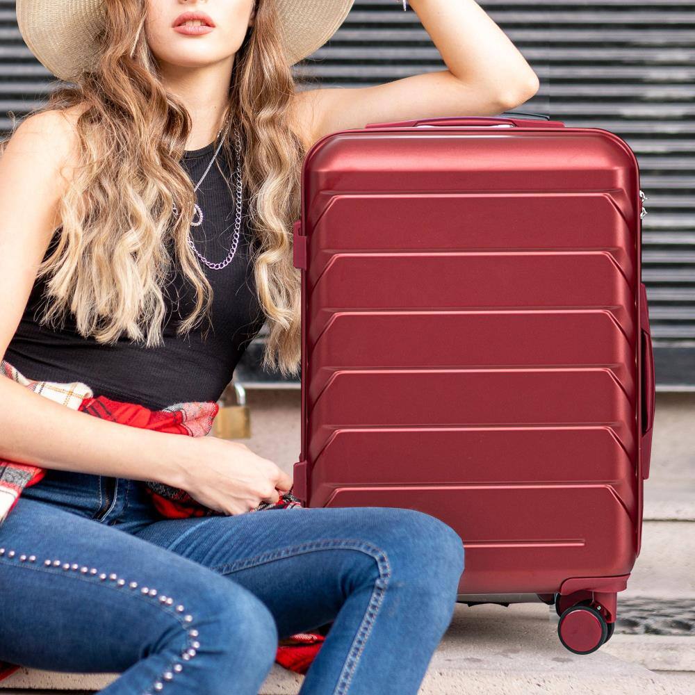 Angle. BreeBe - Set 3PCs 20'/24'/28' ABS Spinner Wheel Luggage, Matching Color, with Combination Lock - Wine Red.