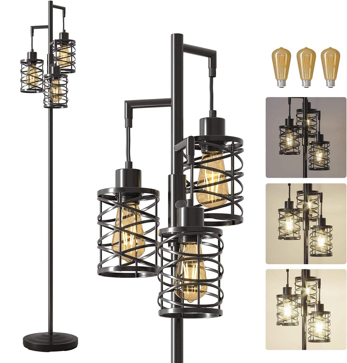 FINEAK - 70" Industrial Farmhouse Floor Lamp - Stepless Dimmable Tree Standing Lamp with 3 Bulbs | Tall Corner Lighting - Black