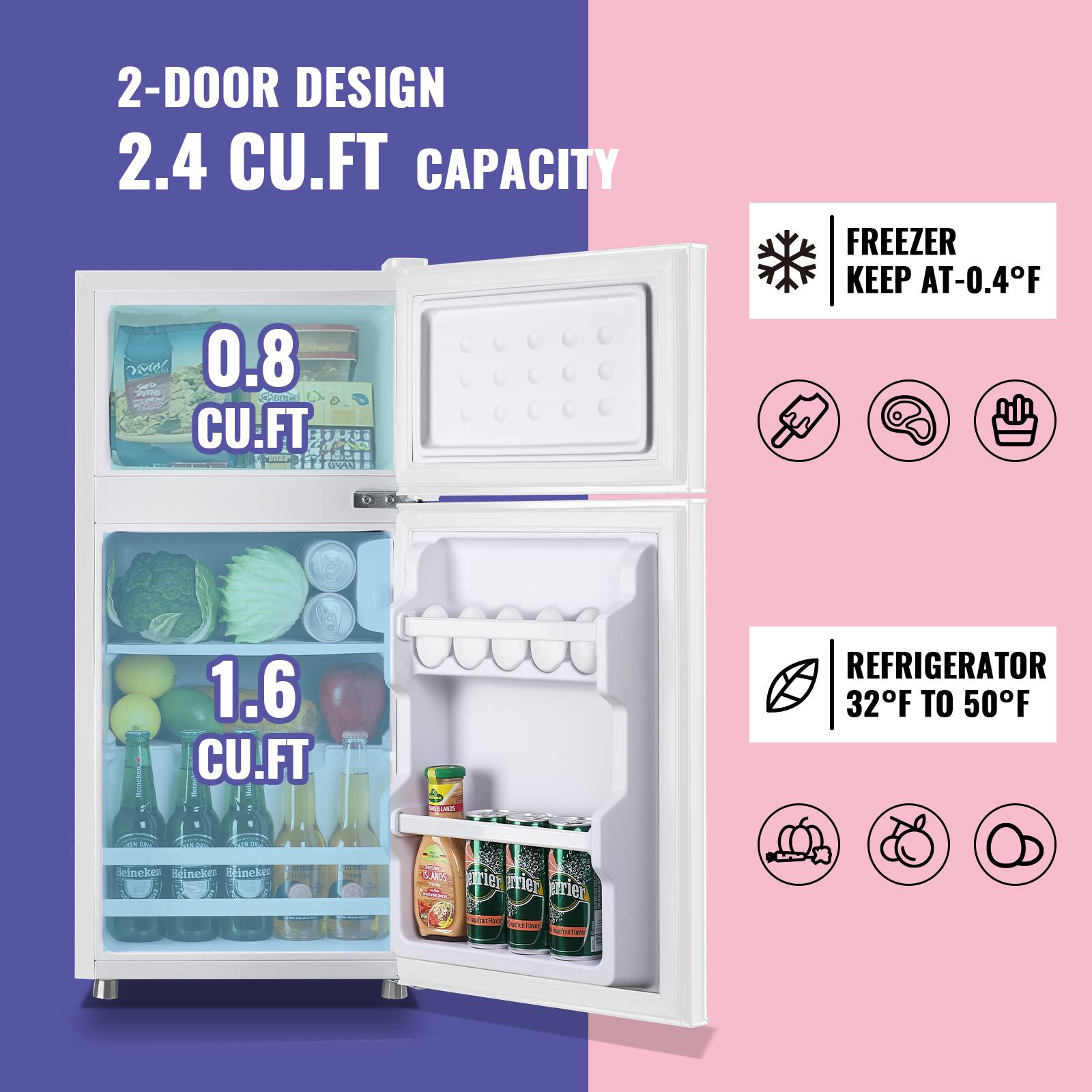 2-DOOR DESIGN  
2.4 CU.FT CAPACITY  

0.8 CU.FT FREEZER  
KEEP AT -0.4°F  

1.6 CU.FT REFRIGERATOR  
32°F TO 50°F