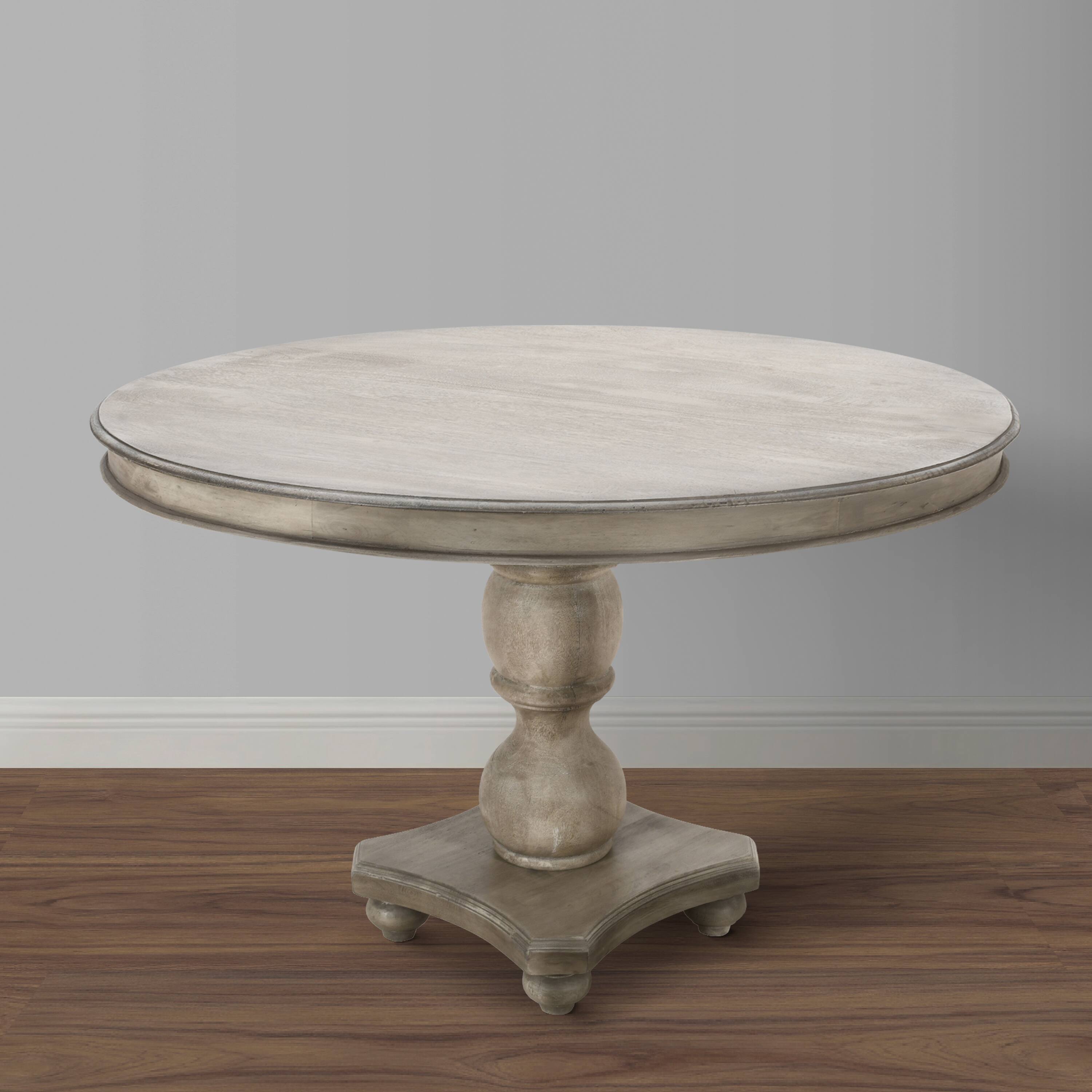 Alt View 5. Manhattan Lane - 42 Inch Handcrafted Mango Wood Dining Table, Pedestal Base, Round Molded Top - Washed White and Gray.