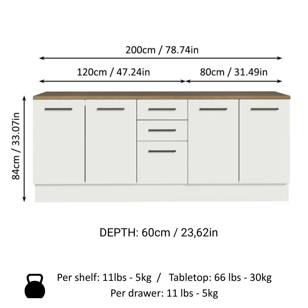 - Width: 200cm / 78.74in
- Depth: 60cm / 23.62in
- Height: 84cm / 33.07in
- Per shelf: 11lbs - 5kg
- Tabletop: 66 lbs - 30kg
- Per drawer: 11 lbs - 5kg