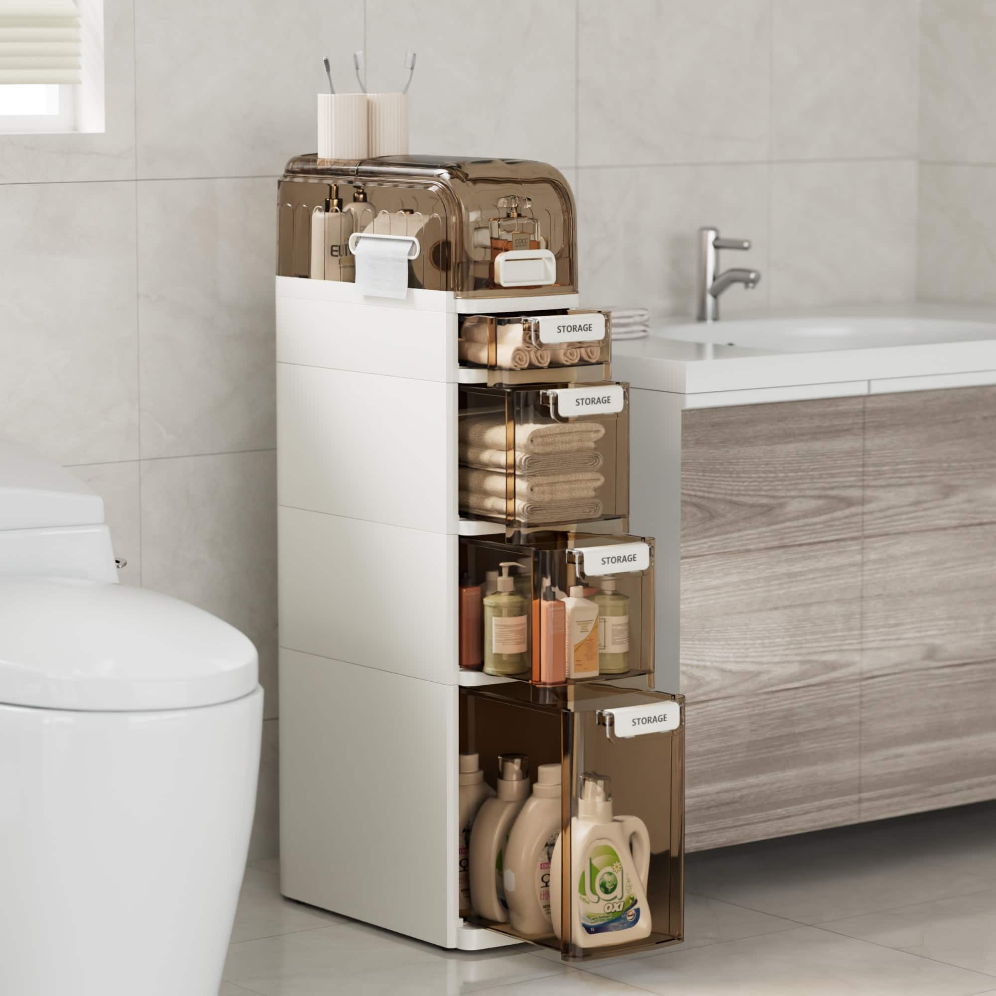 Vecelo - Slim Freestanding Storage Cabinet with Drawers and Wheels, Narrow Floor Storage Cabinet for Small Spaces - White