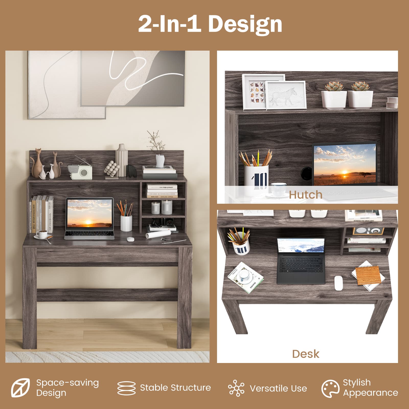 2-In-1 Design | Desk | Hutch | Space-saving Design | Stable Structure | Versatile Use | Stylish Appearance