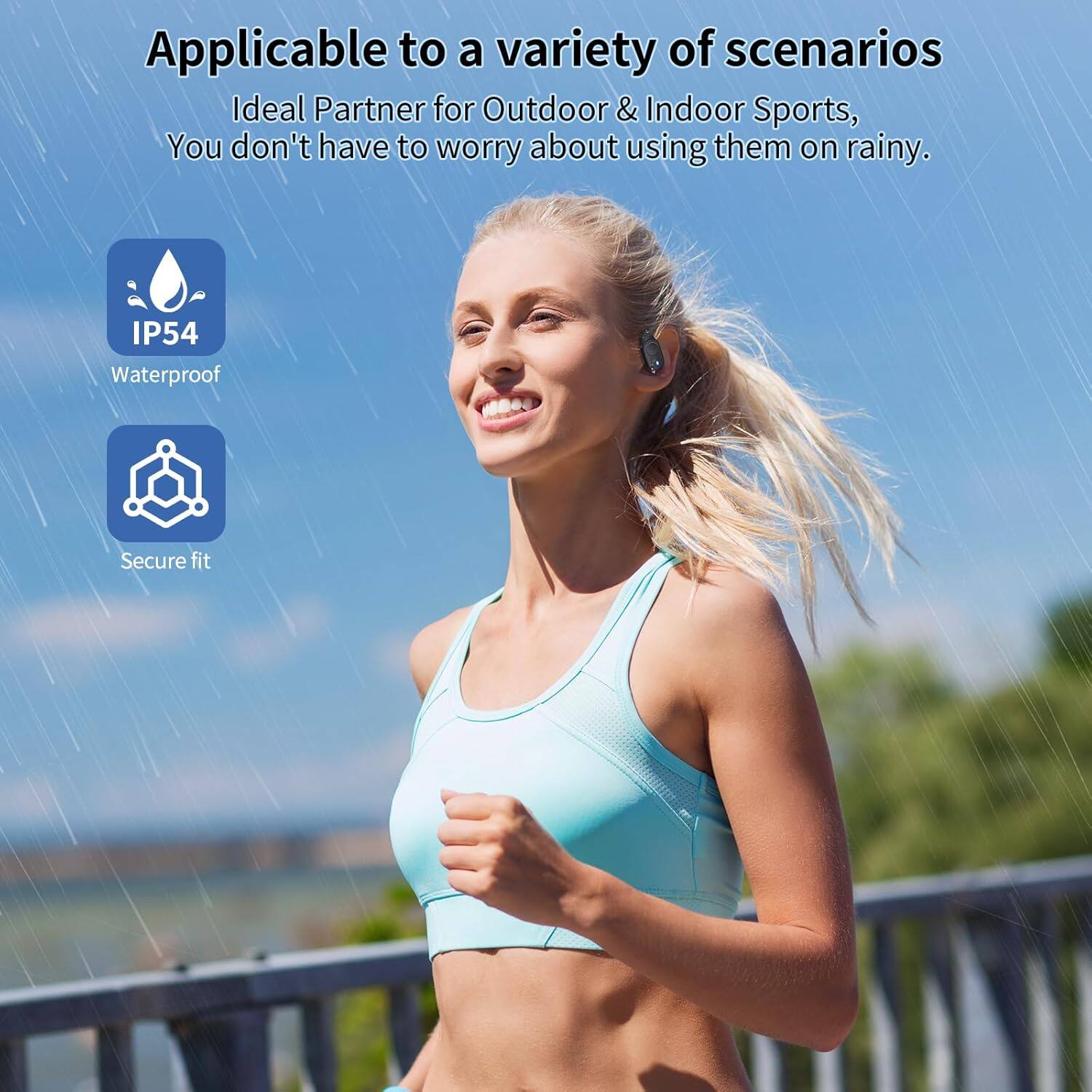 Applicable to a variety of scenarios

Ideal Partner for Outdoor & Indoor Sports, You don't have to worry about using them on rainy.

IP54 Waterproof
Secure fit