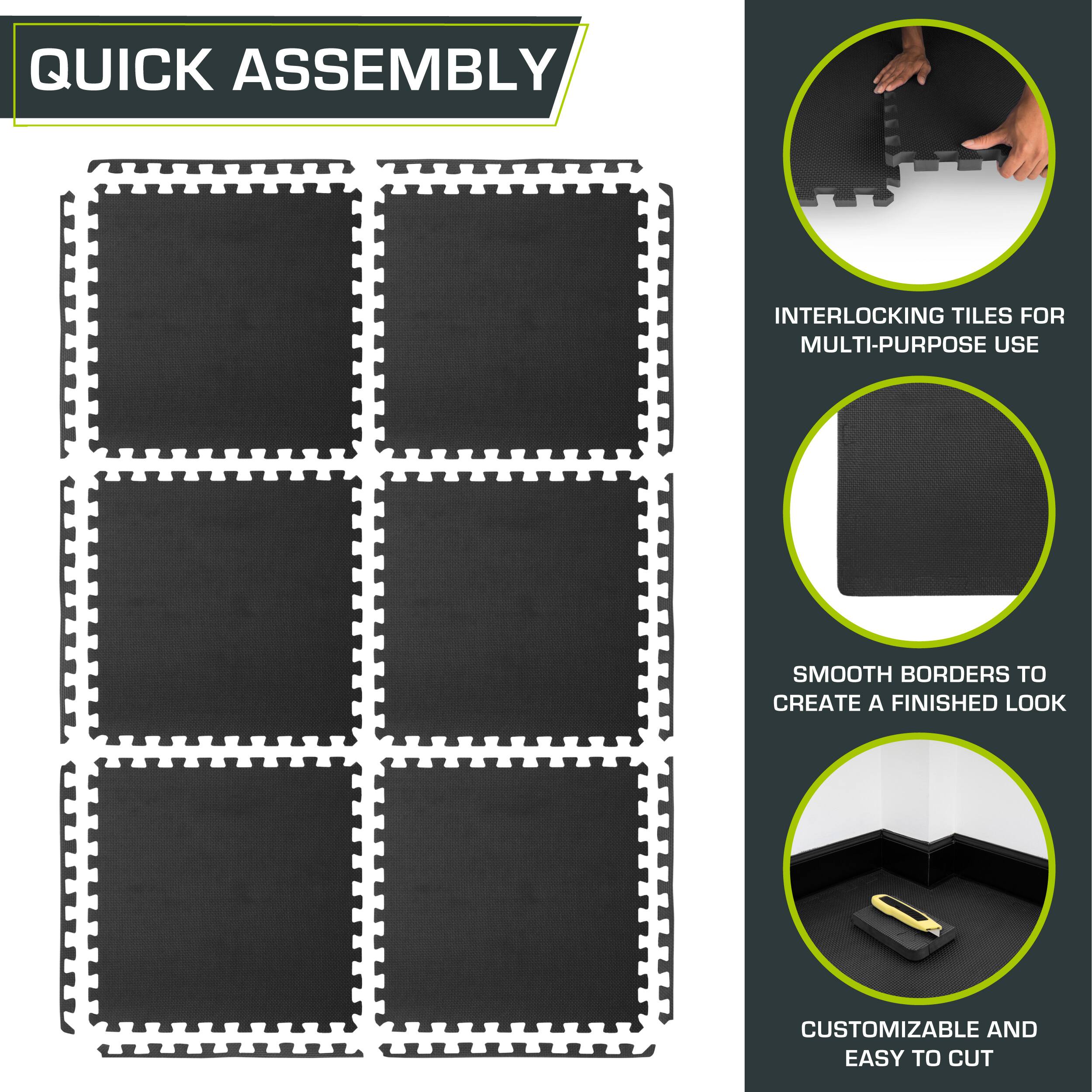 Quick Assembly Interlocking Tiles for Multi-Purpose Use. Smooth Borders to Create a Finished Look. Customizable and Easy to Cut.