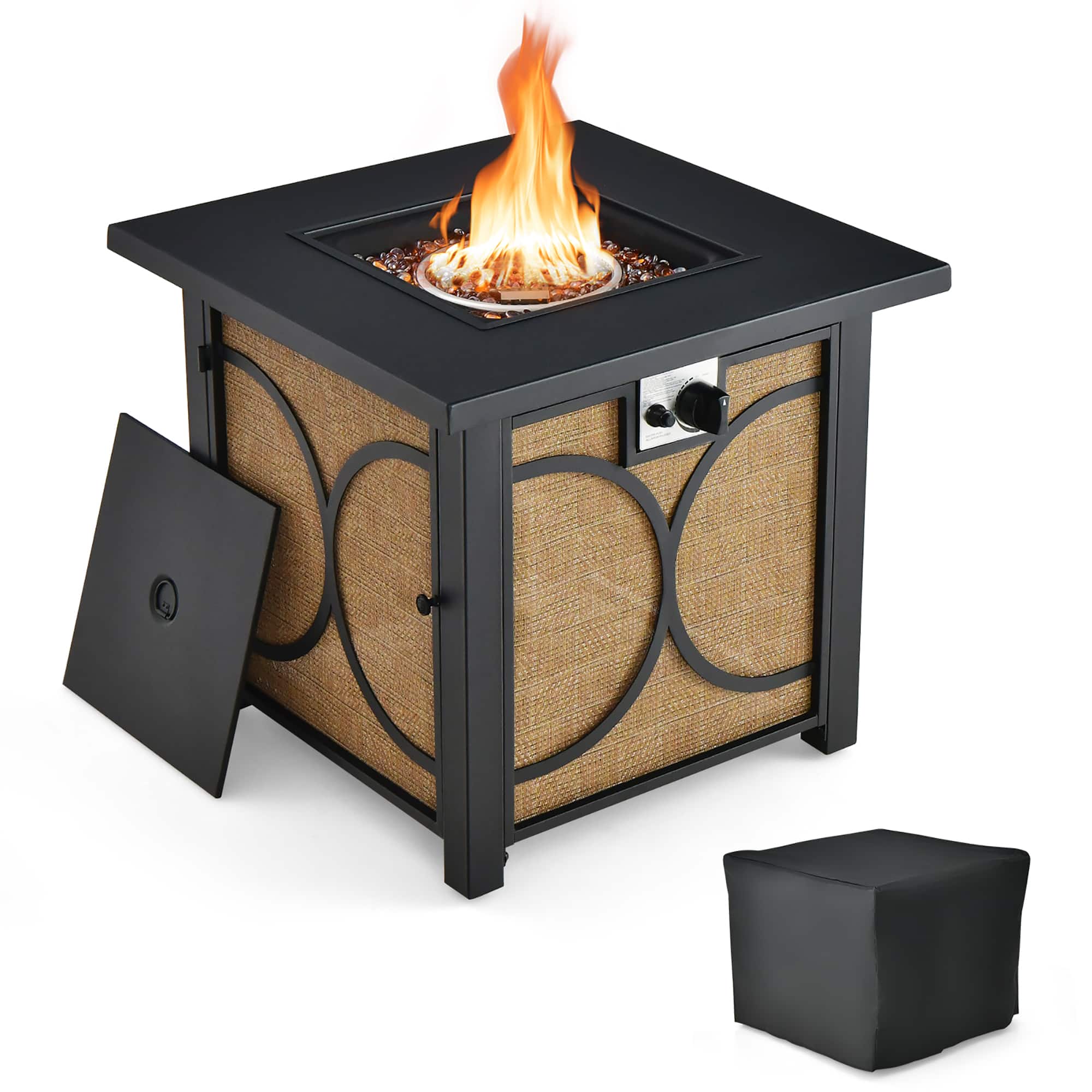 Costway - 28 Inch Square Propane Gas Fire Pit Table with Fire Glasses &Rain Cover 50,000 BTU - Black,Brown