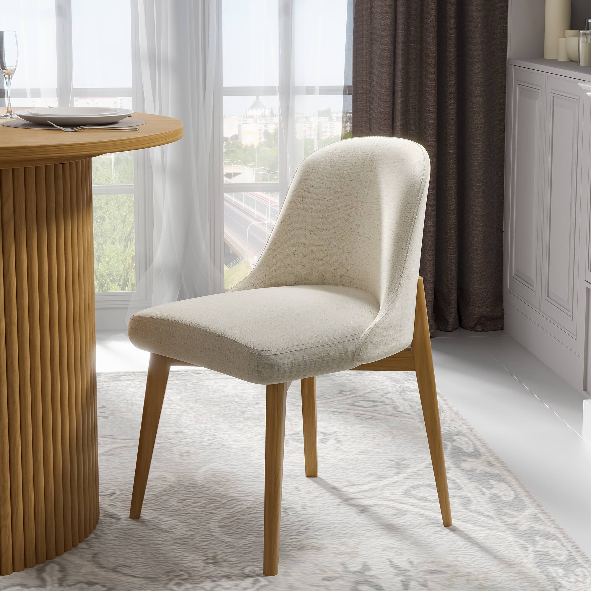 Left. PexFix - Modern Upholstered Dining Chair with Solid Wood Legs and Soft Cushioned Seat for Kitchen & Dining Room - Oak.