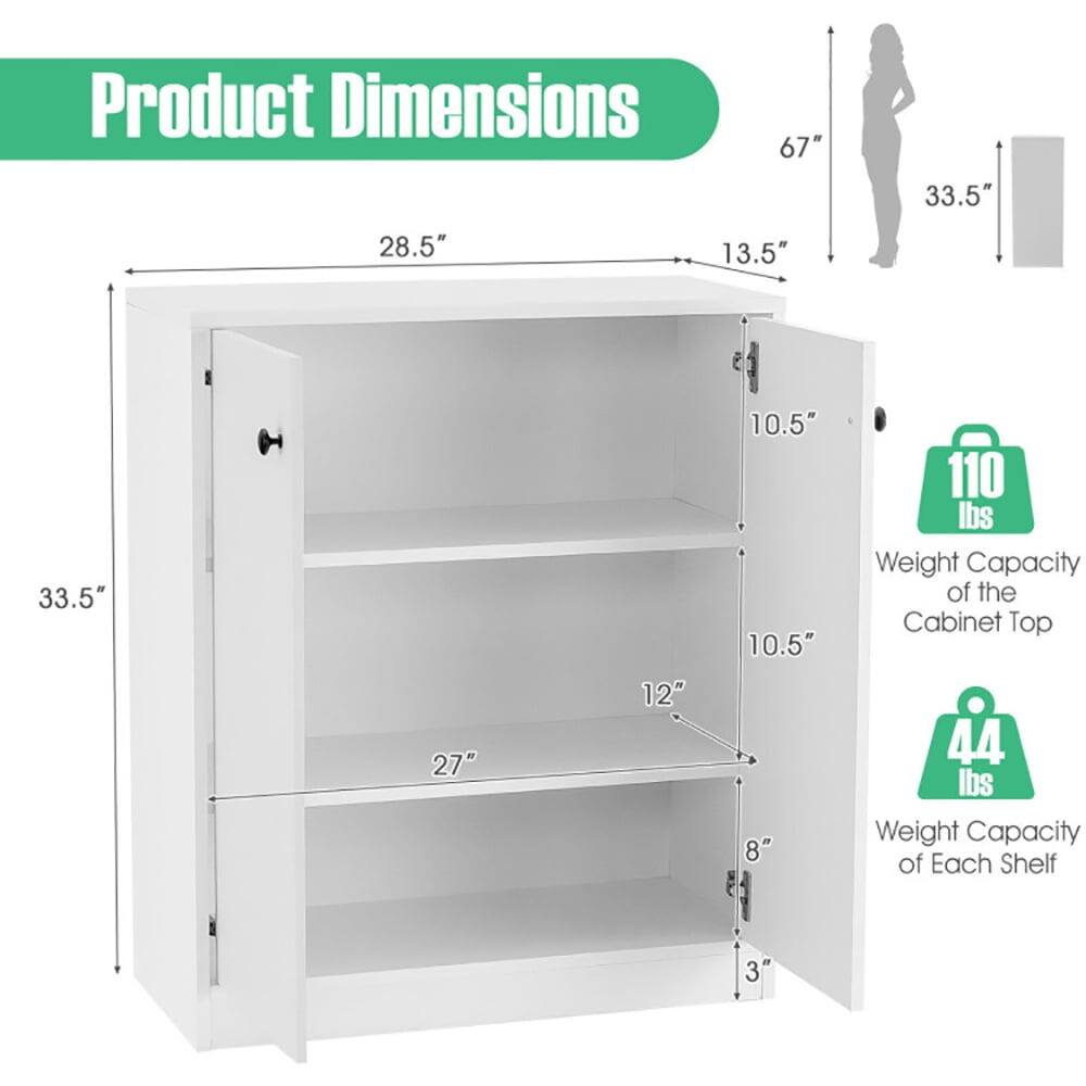 Product Dimensions:  
67" H x 33.5" W x 28.5" D  
Weight Capacity of the Cabinet Top: 110 lbs  
Weight Capacity of Each Shelf: 44 lbs