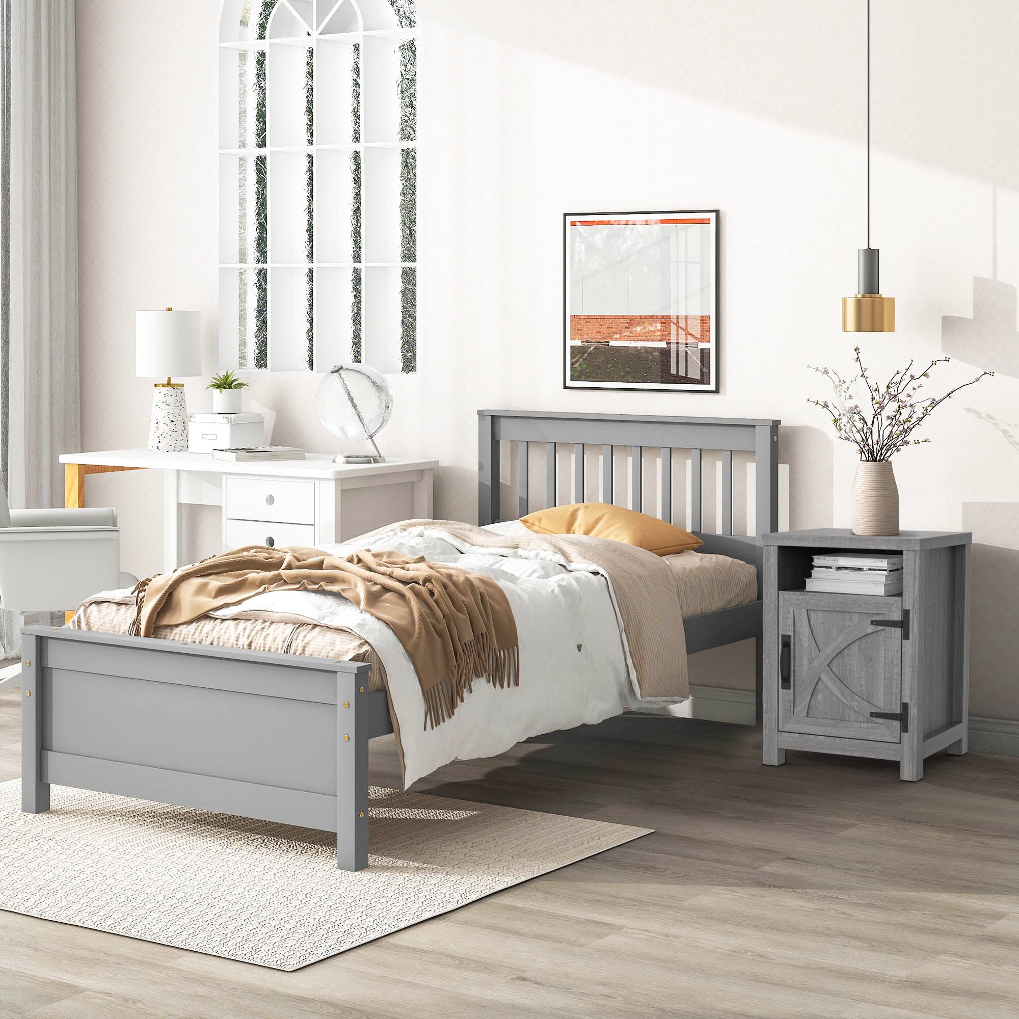 Angle. Ihomeadore - Farmhouse Barn Door Grey Nightstand Bedside Table with Storage Shelf - Grey.
